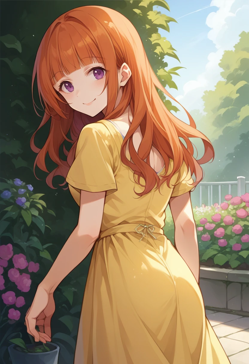 score_9, score_8_up, source_anime, 1girl, solo, AnjuYuuki, purple eyes, orange hair, long hair, blunt bangs, from behind, yellow sundress, garden, day, sunshine, smile, looking back, <lora:ChamAnjuYuukiPonyXL:1>