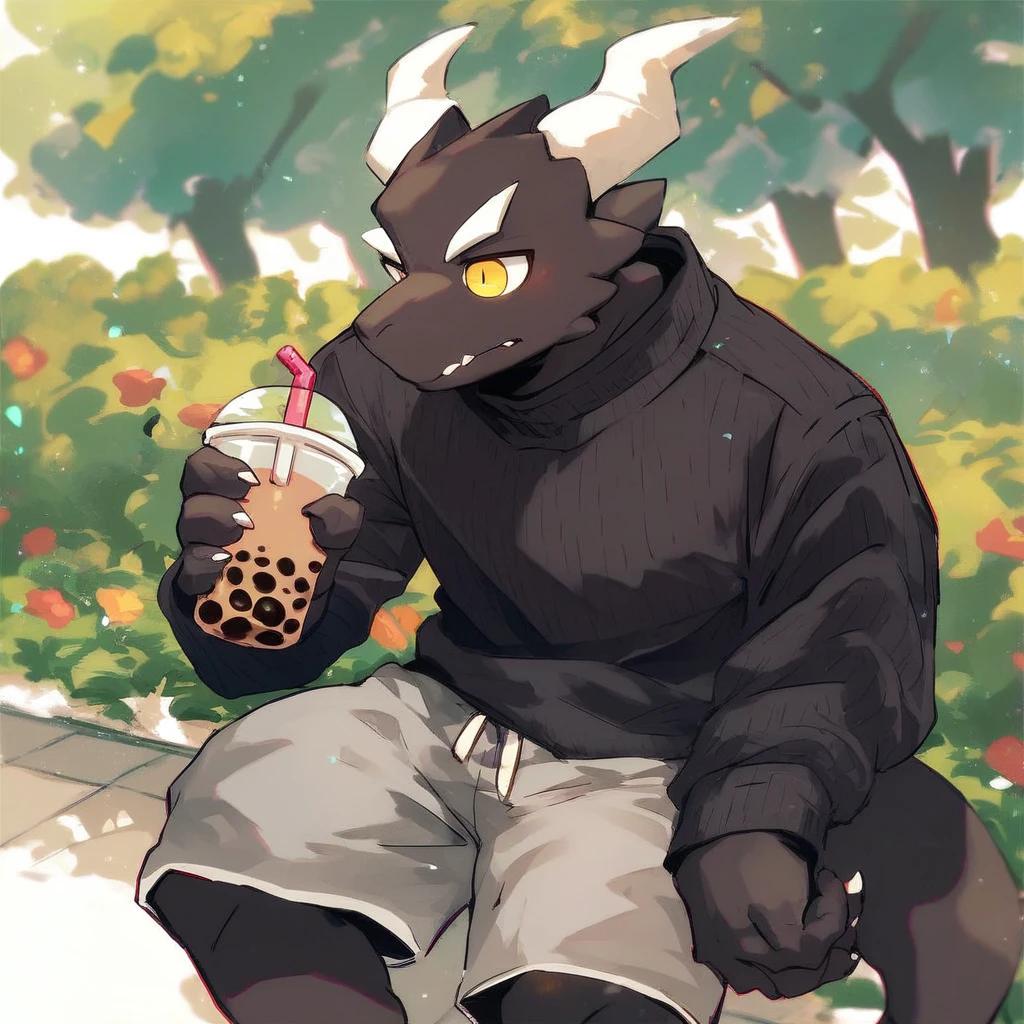 score_9_up, score_8_up, score_7_up, source_furry, mikus-style, black dragon, black body, white horns, yellow eyes, park, holding, bubble tea, black sweater, gray shorts, 1boy, solo