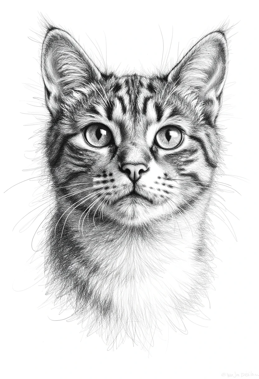 a black and white drawing, portrait of a cat