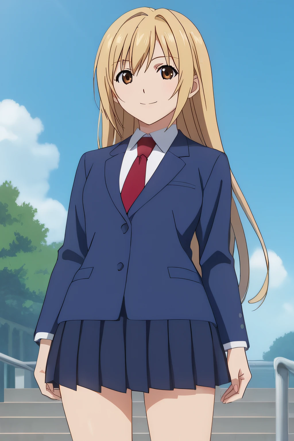 score_9, score_8_up, score_7_up, source_anime, rating_safe, intricate details, anime screencap, official style, 1girl, <lora:Minami_Haruka:1>, haruka, blonde hair, brown eyes, long hair, collared shirt, red necktie, blue blazer, school uniform, pleated skirt, dark skirt, thighs, cowboy shot, looking at viewer, smile