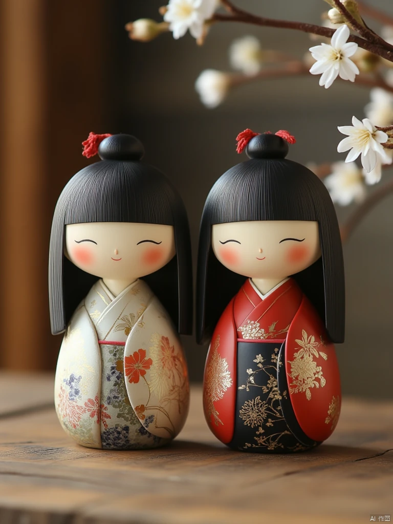 OBwawa,The image is a photograph showcasing two traditional Japanese dolls, or "ningyo," positioned side by side on a wooden surface. Both dolls have smooth, round faces with closed eyes and rosy cheeks, giving them a serene expression. They have long, straight black hair tied into buns at the top of their heads, with red ribbons tied around the buns. The doll on the left is dressed in a traditional kimono with a predominantly white base adorned with delicate, gold floral patterns. The kimono also features subtle shades of blue and green. The doll on the right is dressed in a vibrant red kimono with a similar floral pattern in gold, set against a dark navy background. The floral patterns on both dolls are intricate and detailed, adding a sense of elegance and craftsmanship. The dolls are placed on a wooden surface that has a warm, natural brown tone, and there is a blurred background that includes white flowers, adding a touch of freshness and contrast to the image. The overall atmosphere is serene and traditional, with a focus on the intricate craftsmanship and the serene expressions of the dolls.