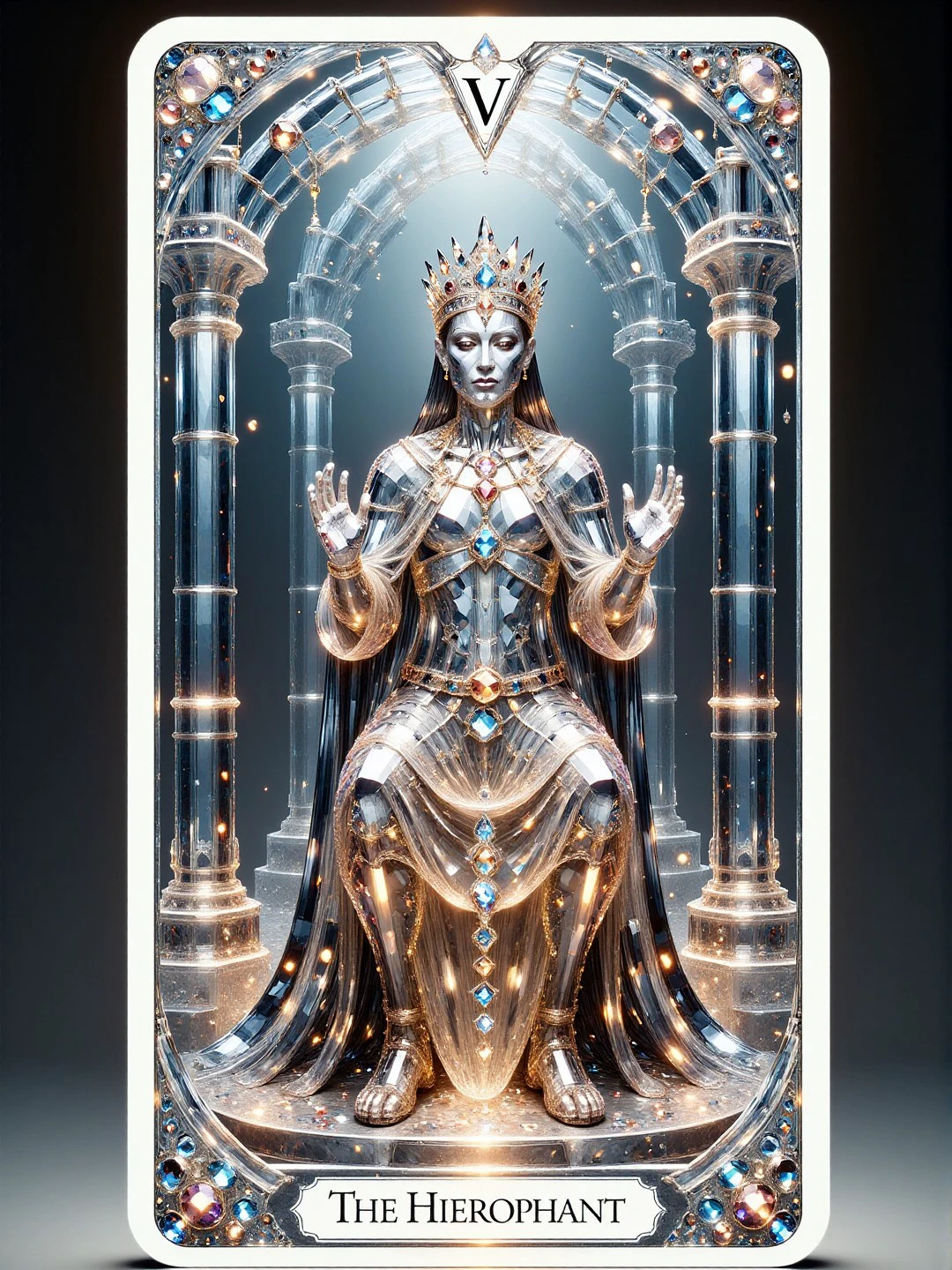 cs-cr1stal , Tarot card of The Hierophant, with text "V" at the top and text "The Hierophant" at the bottom, sitting in a temple <lora:Crystality Flux_v1:1>