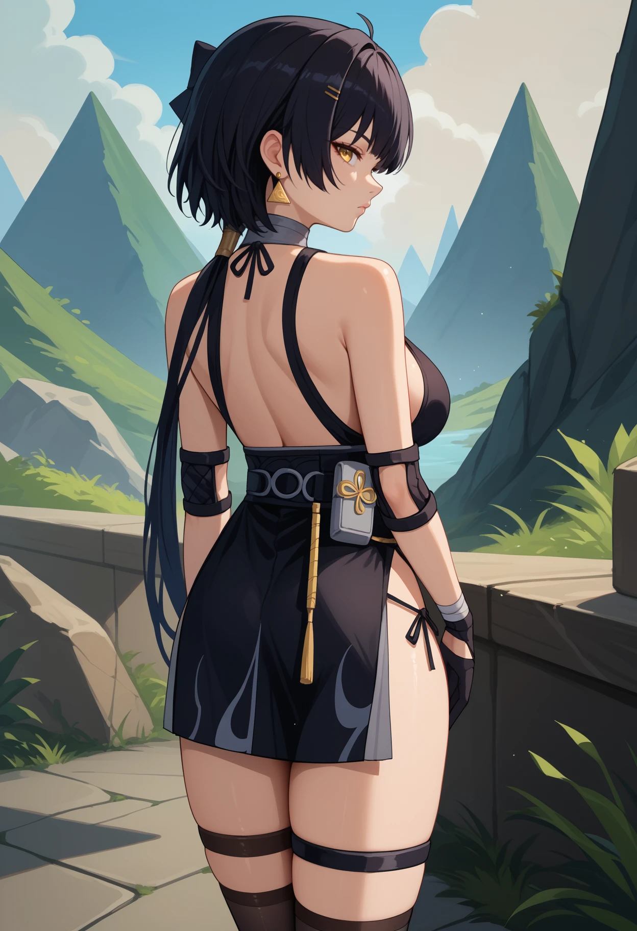 score_9, score_8_up, score_7_up, source_anime, <break> from behind, solo, 1girl, femr0ver, expressionless, looking back, standing, long hair, black hair, hair ornament, hairclip, yellow eyes, black dress, backless outfit, backless dress, belt pouch, pelvic curtain, elbow pads, black gloves, thighs, black thighhighs, thigh strap, triangle earrings, bare shoulders, cleavage, large breasts, outdoors
<segment:yolo-face_yolov8m.pt,0.4,0.5//cid=1>