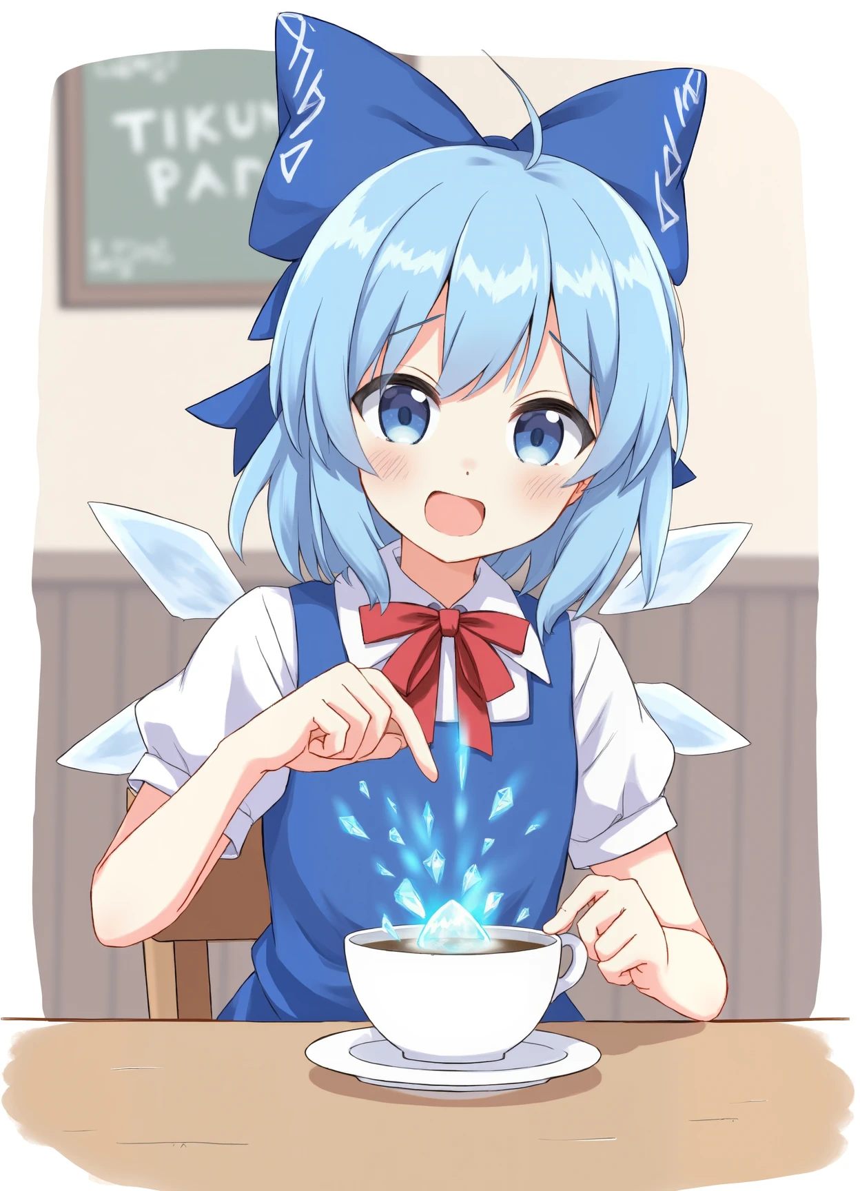 detailed illustration of cirno with ice wings, and blue hair with and blue bow, wearing a blue pinafore dress and white shirt with a red bow, sitting in a cafe. a steaming coffee cup is on the table, and she is holding her hand over it casting ice magic to chill the hot coffee, a blue magic stream of light is coming from her hand and entering the coffee forming small ice cubes in the coffee cup