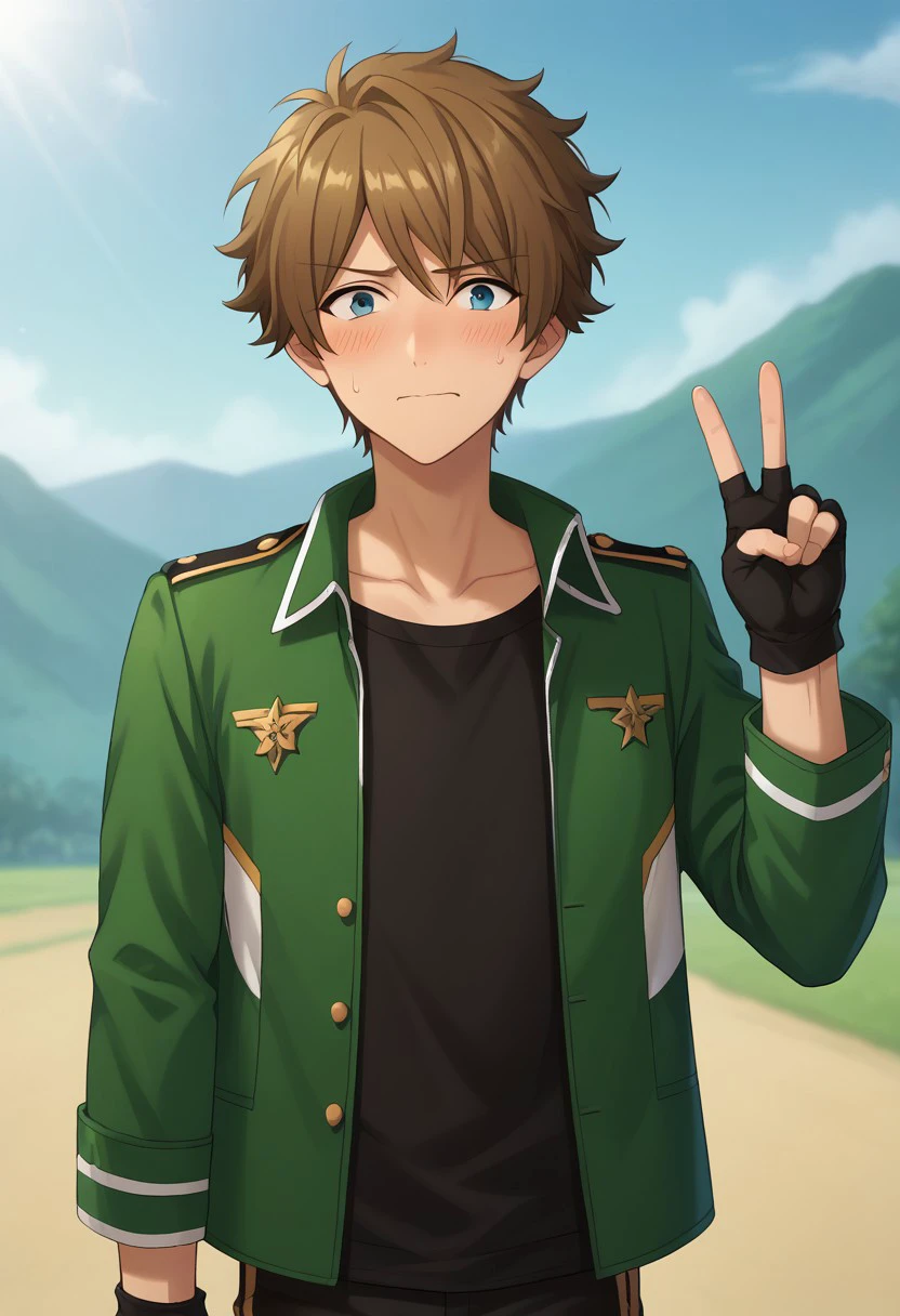 score_9, score_8_up, score_7_up, source_anime, highly detailed, 
midori, 1boy, male focus, gloves, fingerless gloves, solo, brown hair, black gloves,  jacket, green jacket, blue eyes, looking at viewer, pants, ryuseitai uniform, blush, embarassed, v sign,
outdoor, sky, upper body,