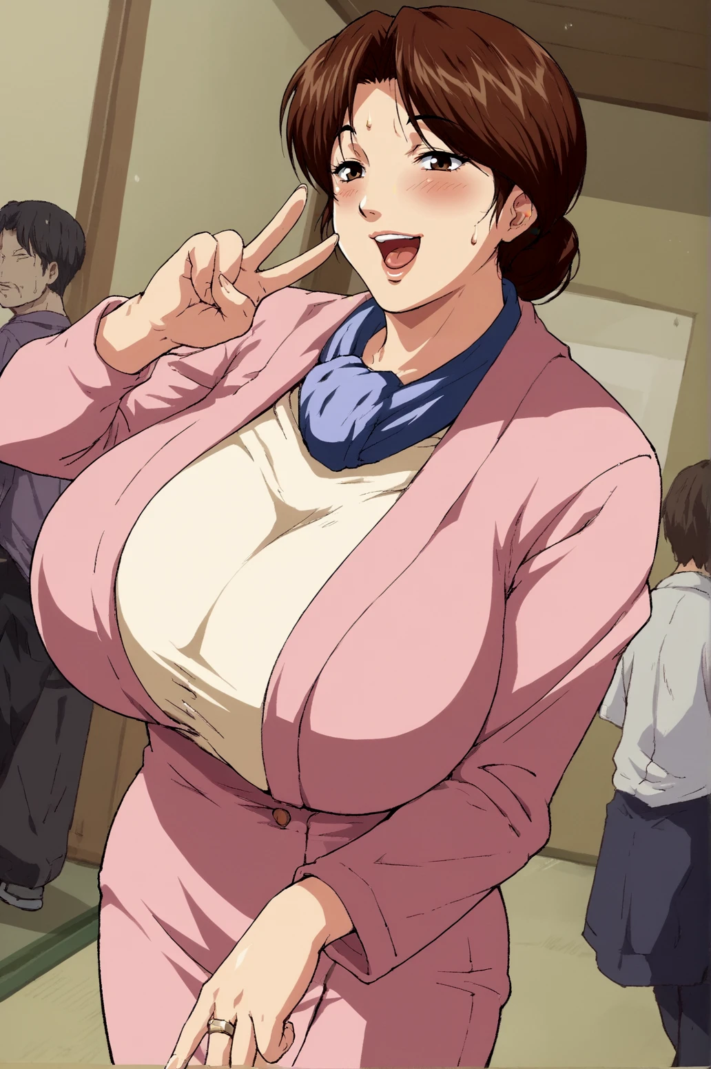 score_9, score_8_up, score_7_up,anime_source, source_anime, best background, detailed background, anime screencap,  Mitsuko Shindo, Salary Costume, huge breasts, naughty face, horny, blush, indoors, full body, v fingers, victory fingers, dynamic angle, dynamic camera, <lora:JN_Mitsuko_Shindo:0.8>