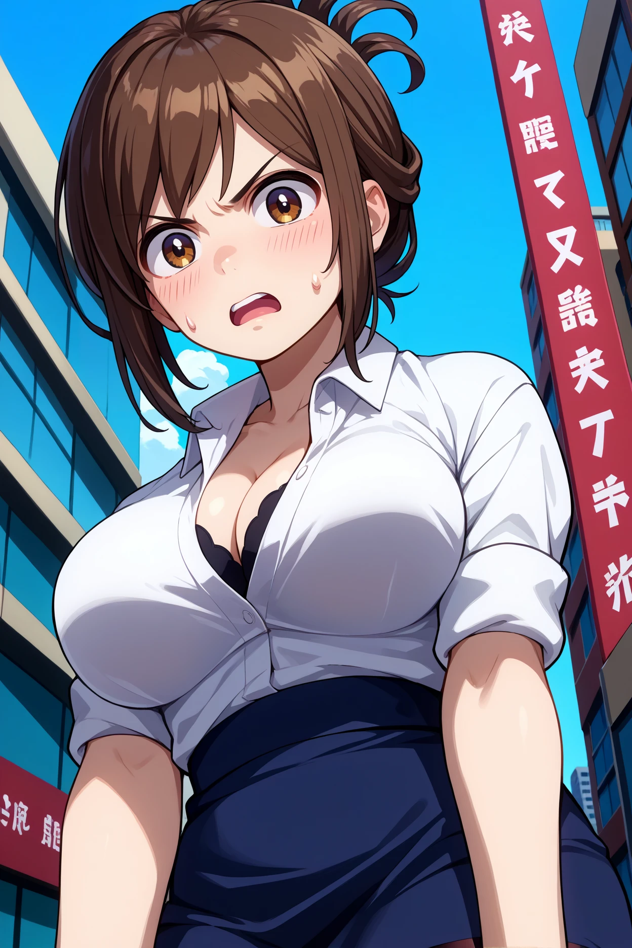 score_9, score_8_up, score_7_up, score_6_up, source_anime, 1girl, solo <lora:kojimakana-pdxl-nvwls-v1-000005:1> nkKana, brown hair, folded ponytail, short hair, brown eyes, collared shirt, cleavage, sleeves rolled up, white shirt, black skirt, brown pantyhose, large breasts, black bra, looking at you, from below, annoyed, open mouth, city, blue sky, blush, sweatdrop