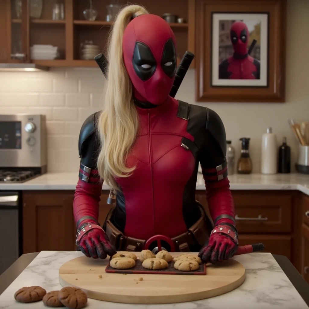 Lady Deadpool is baking cookies in a kitchen. There is a framed deadpool picture on the wall <lora:LadyDeadpool:0.9>