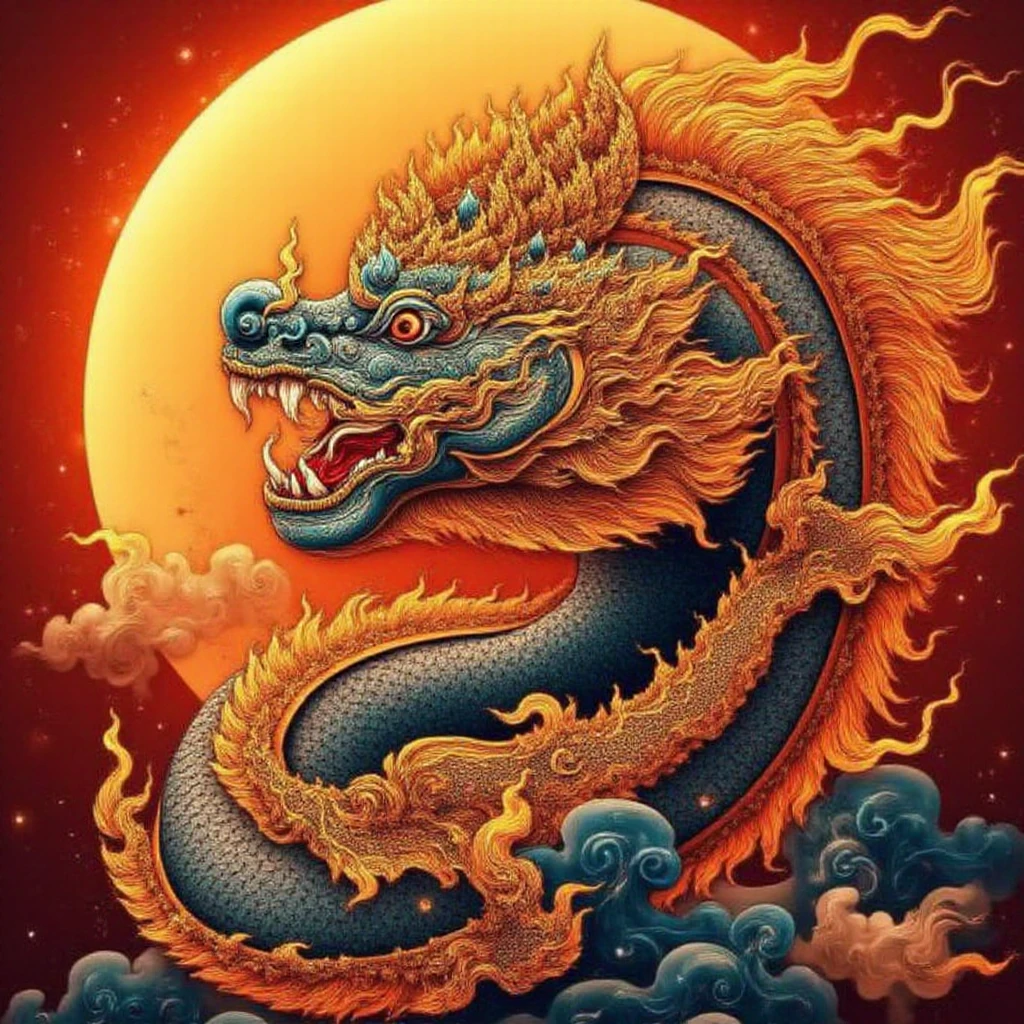 <lora:thaiunique_ai:1.5>,An intricately detailed depiction of a mythical Thai dragon (or Naga), with vibrant, ornate scales and flowing, fiery mane, encircled by a glowing golden sun. The dragonâs head is fierce, with glowing eyes, sharp fangs, and a dynamic pose. The design is in the style of traditional Thai art, combining elements of fluid motion and decorative complexity. Fiery details weave through the scene, adding energy and power to the image, all against a rich red and gold background