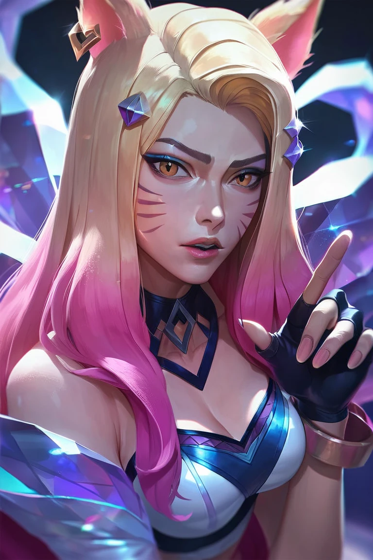 score_9, score_8_up, score_7_up, source_anime, hi res, masterpiece, best quality, highres, k/da (league of legends), ahri (league of legends), 1girl, animal ears, blonde hair, k/da (league of legends), ahri (league of legends), fox ears, fingerless gloves, jewelry, multicolored hair, looking at viewer, parted lips, asymmetrical clothes, breasts, makeup, facial mark, whisker markings, idol