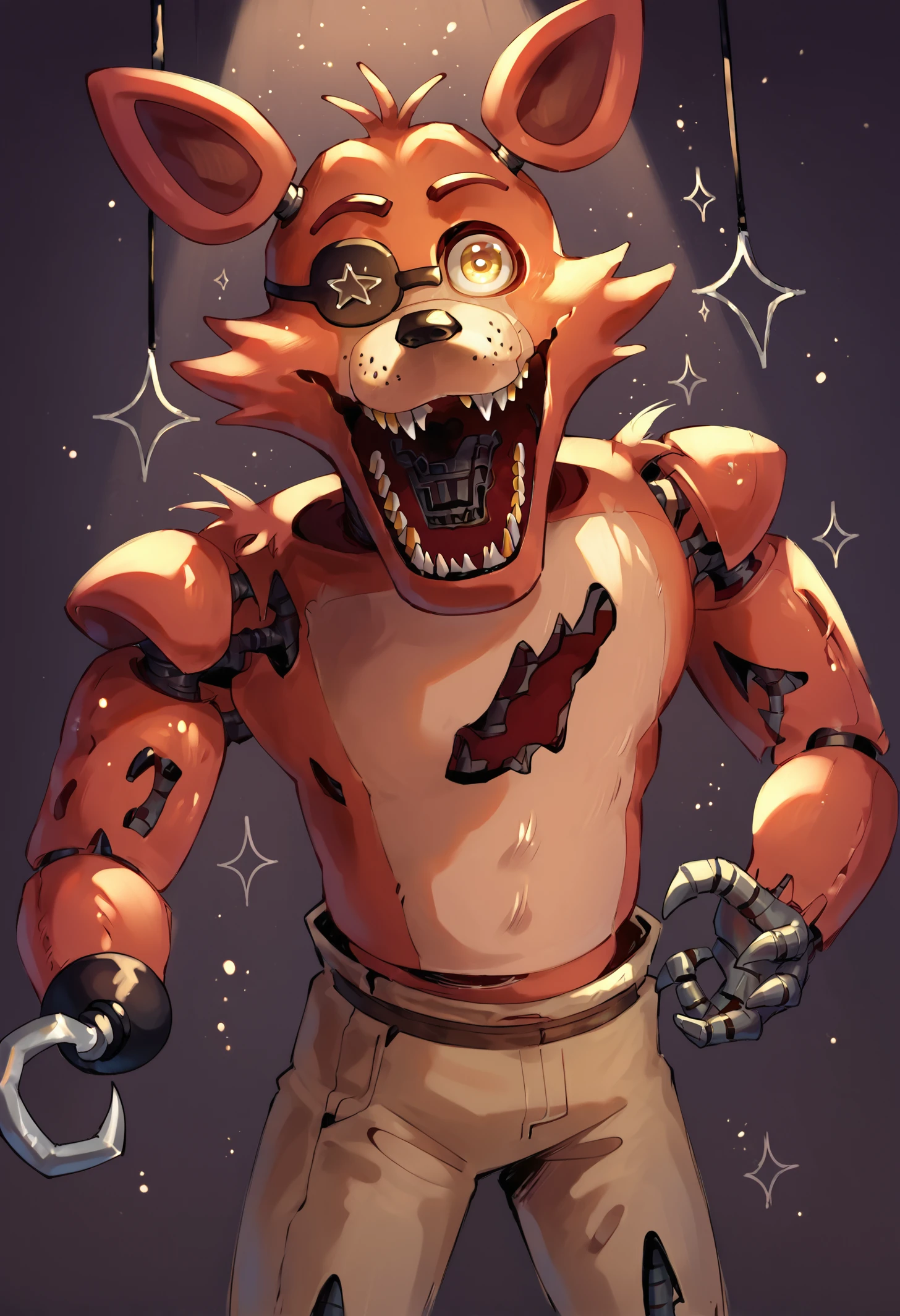 score_9, score_8_up, score_7_up, lots of details, highly detailed, FNaF, (foxy), animatronic, muscular, open mouth, dynamic pose, yellow eyes, cute, brown pants, looking at viewer, hook, eyepatch, red fox, dark background, light particles, detailed, detailed eyes, hires, spotlight, best quality, correct hand, correct fingers <lora:Foxy:0.98>