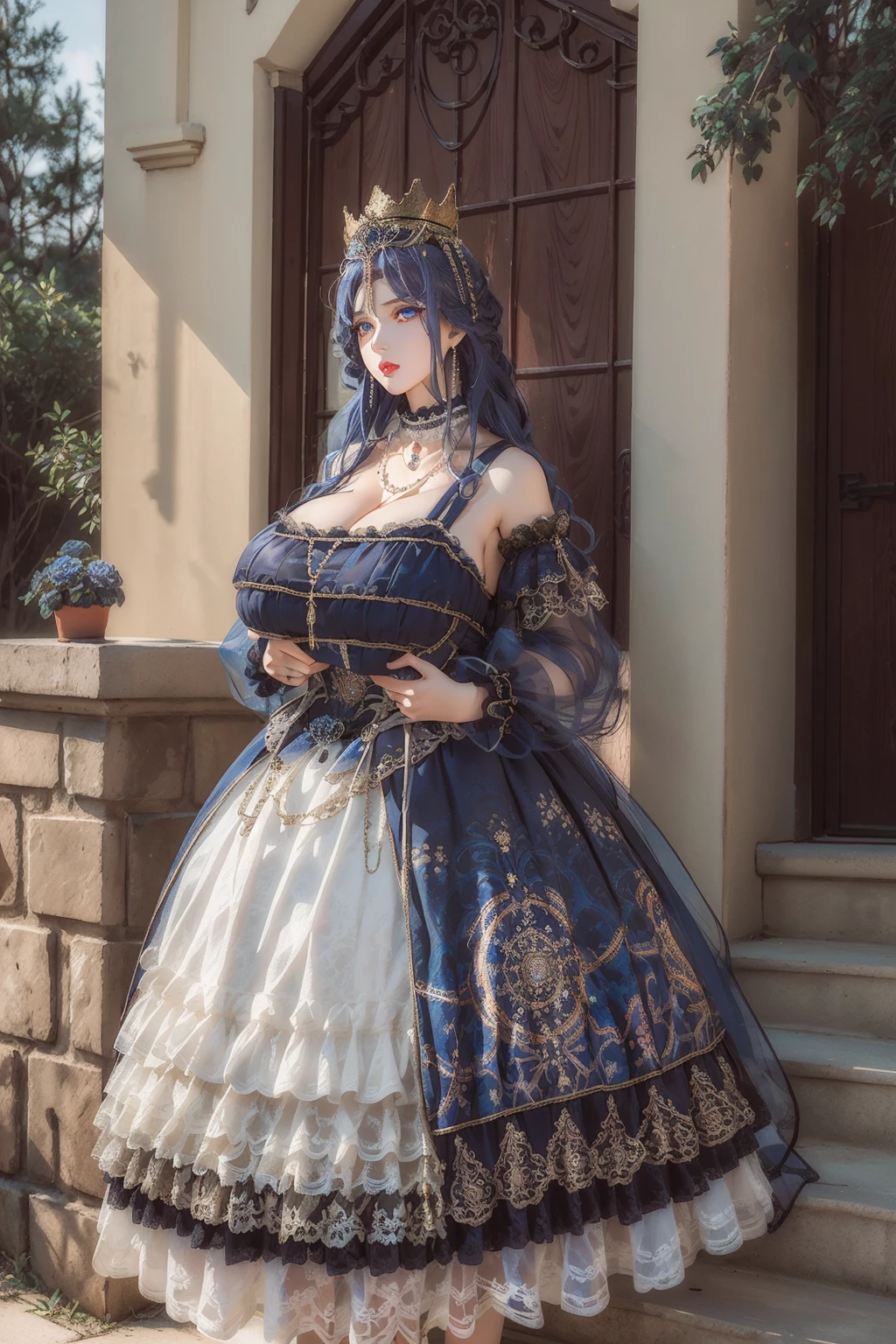 (masterpiece, best quality:1.2),illustration,8k,hd,1 girl,very long hair,blue hair,solo,cxzg,dress,cyan dress,tiara,detached sleeves,jewelry,necklace,frills,lace,cross-laced clothes,crown,((cleavage)),huge breasts,outdoors,(glowing blue eyes:1.3),