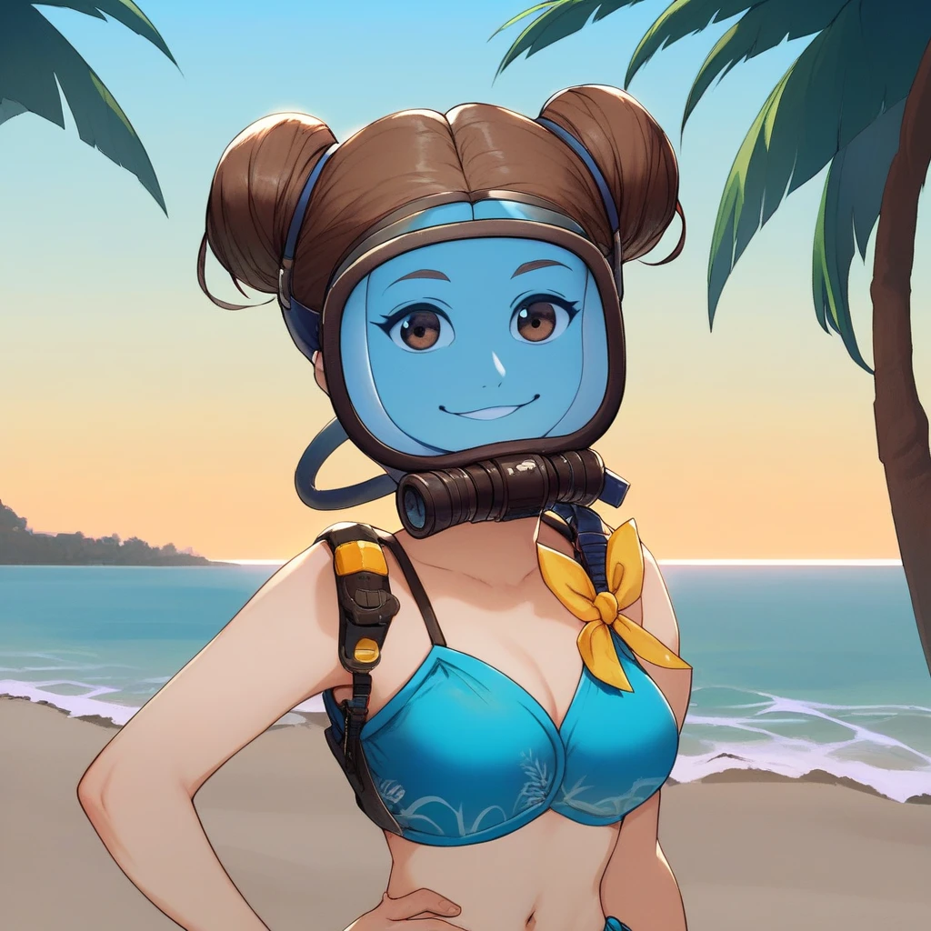 score_9, score_8_up, score_7_up, score_6_up, source_cartoon, BREAK masterpiece., 1girl, brown eyes, double bun, yellow ribbon, blue bikini, breasts, blue sarong, smile, looking at viewer, hand on own hip, beach, sunset, upper body, parted lips, navel, full body, BREAK standing, solo, looking at viewer, sea, sand, blue sky, tropical island background, full body, (scuba tank, framed full-face divemask contoured to face, covered face, transparent blue glass over face). BREAK shoulder strap, barefoot, toes, brown hair,  beach, happy, palm tree, blue sky, bare legs, diving equipment, standing,