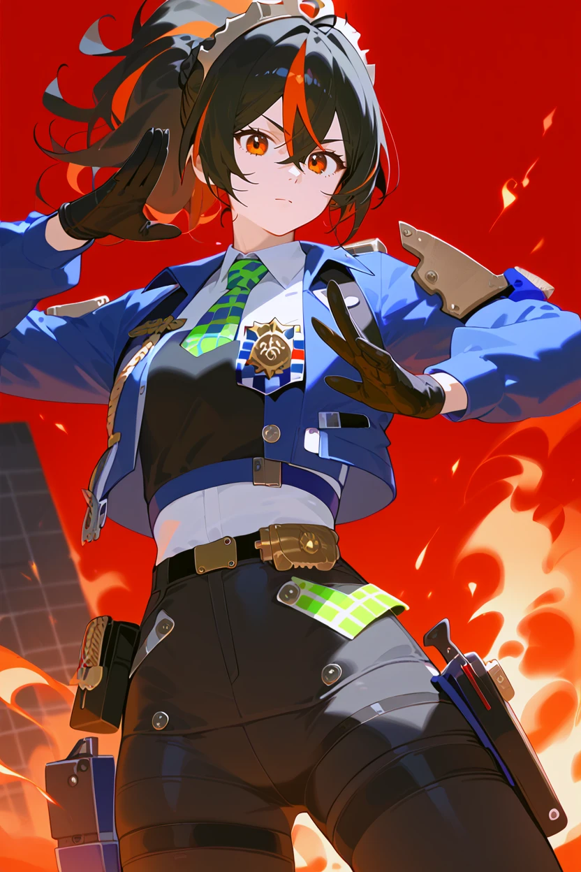 score_9, score_8_up, score_7_up, masterpiece, best quality, 1man, solo,
 <lora:zhuyuanPDXL_scarxzys:0.8> zhu yuan, orange eyes, black hair, long hair, streaked hair, ponytail,  metal hairband, police uniform, blue jacket, cropped jacket, long sleeves, black vest, two-tone vest, black gloves, green necktie, plaid necktie, black pants, high-waist pants, belt, thigh straps, knee pads, holster, tight pants
fire on background, red sky
<lora:Rintarou_Okabe_Pose_Pony:1> Rintarou_Okabe_Pose