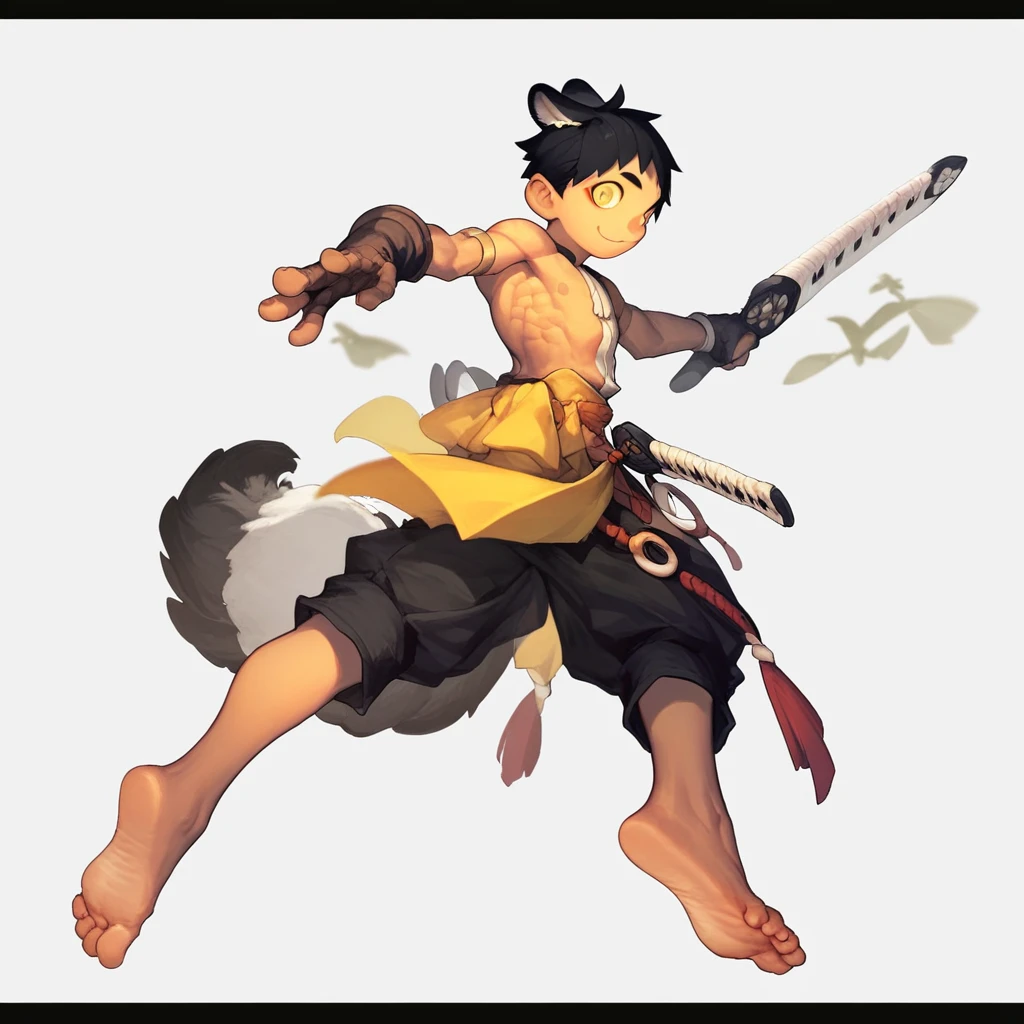 "8k, score_9, score_8_up, score_7_up, portrait, masterpiece,  blurry background, 1boy, male, male focus, big feet, weapon, animal ears, white background, tail, sword, simple background, black hair, sheath, yellow eyes, smile, bird, gloves, sheathed, jewelry, barefeet, soles, cute face, fantady clothes, topless, muscular, defined body standing up, Dynamic pose, looking at viewer, intense look, accessories, smile, black outline, thick outline, Draugnut, draugnut style, style, , SOLO, partially naked, convenient censorship, spread legs, perfect round ass, smooth ass, dick slip"