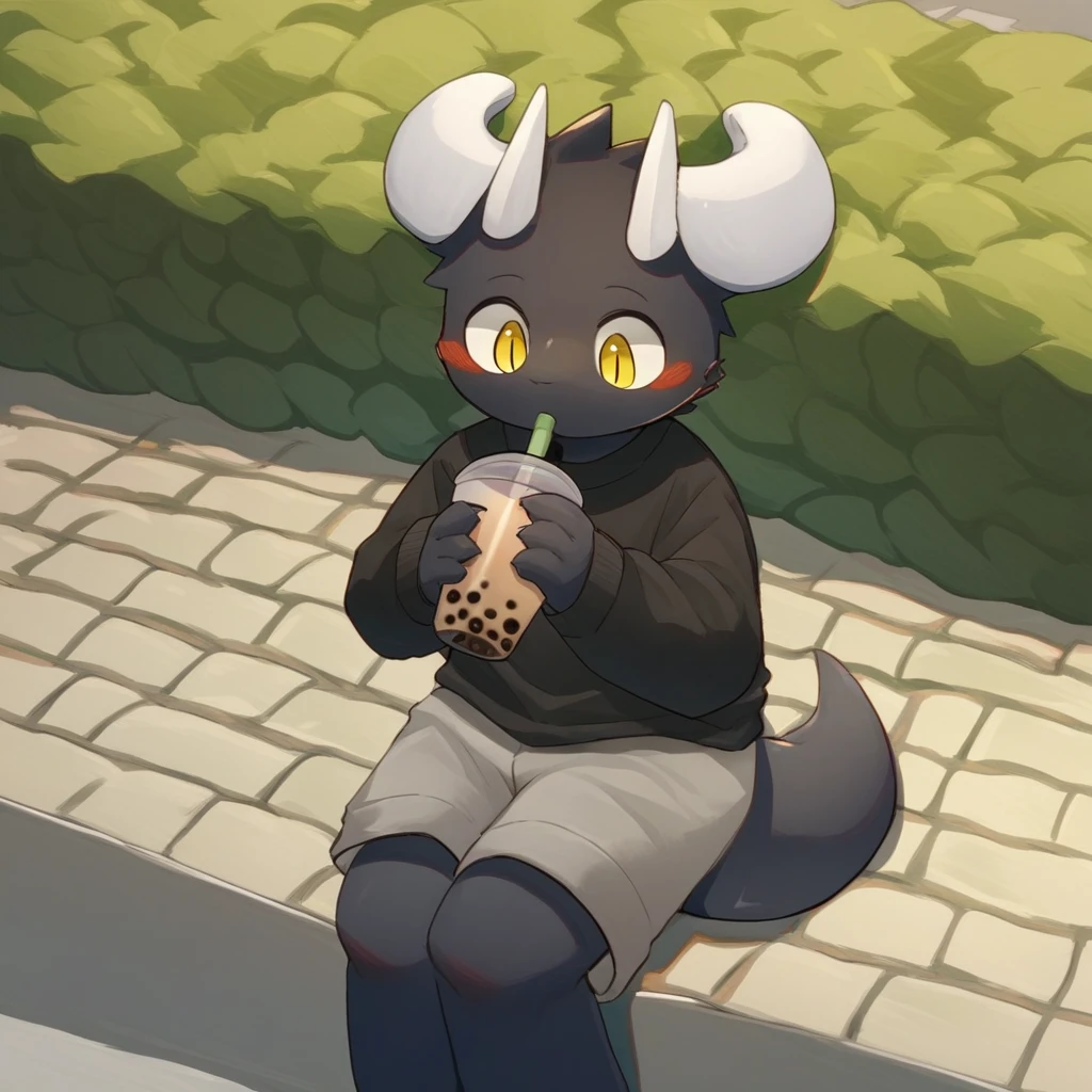 score_9_up, score_8_up, score_7_up, source_furry, mikus-kom_jis, black dragon, black body, white horns, yellow eyes, park, holding, bubble tea, black sweater, gray shorts, 1boy, solo