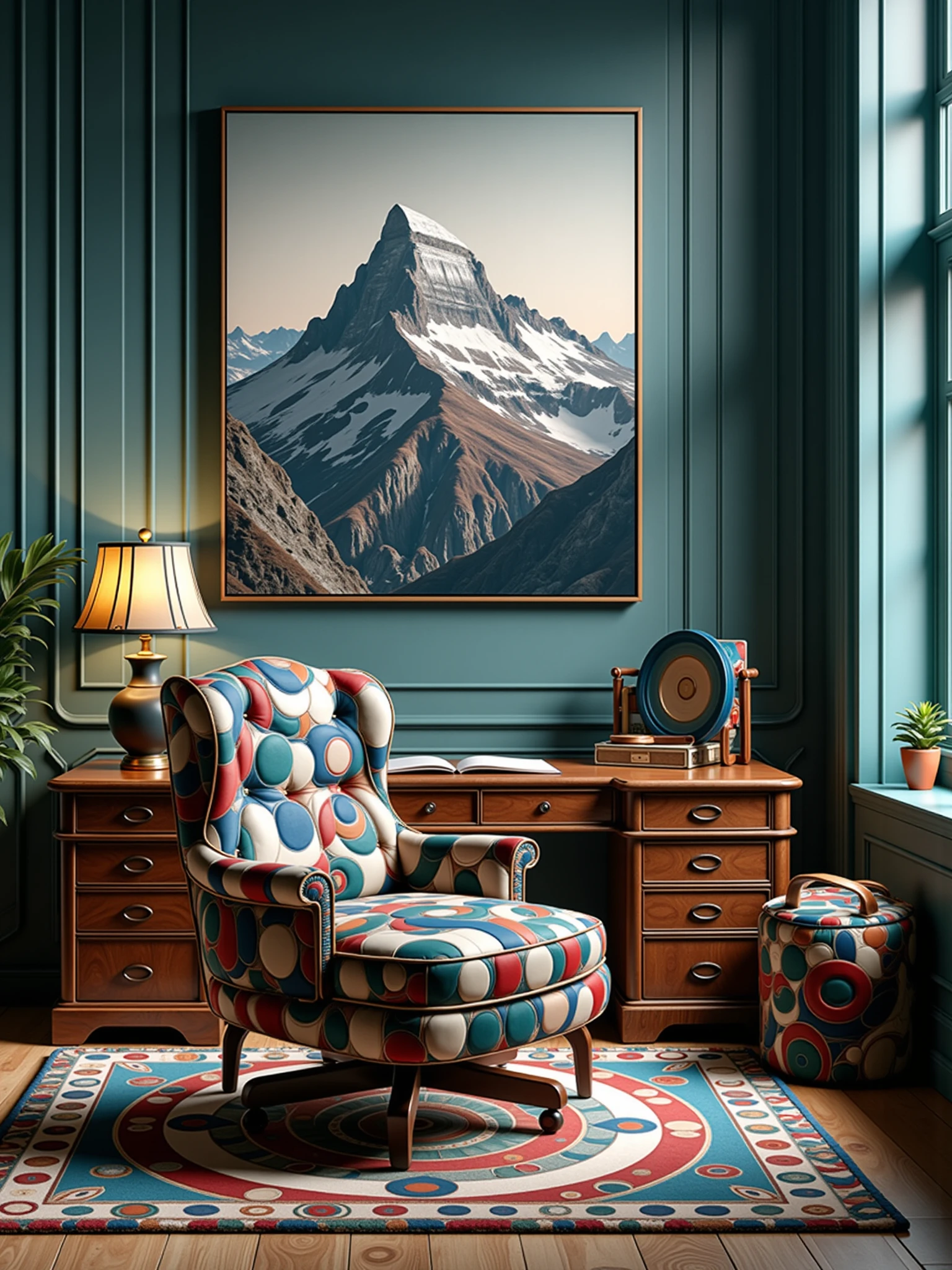 mad-clrflcrcls office chair and wooden desk in an expensive office, photograph of a mountain on the wall   <lora:colorful-circles-flux:1.8>