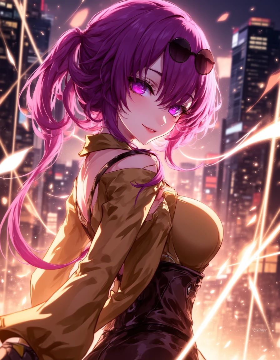 kafka, female, purple hair, glowing pink eyes, sunglasses, golden dress, golden neon web, smiling