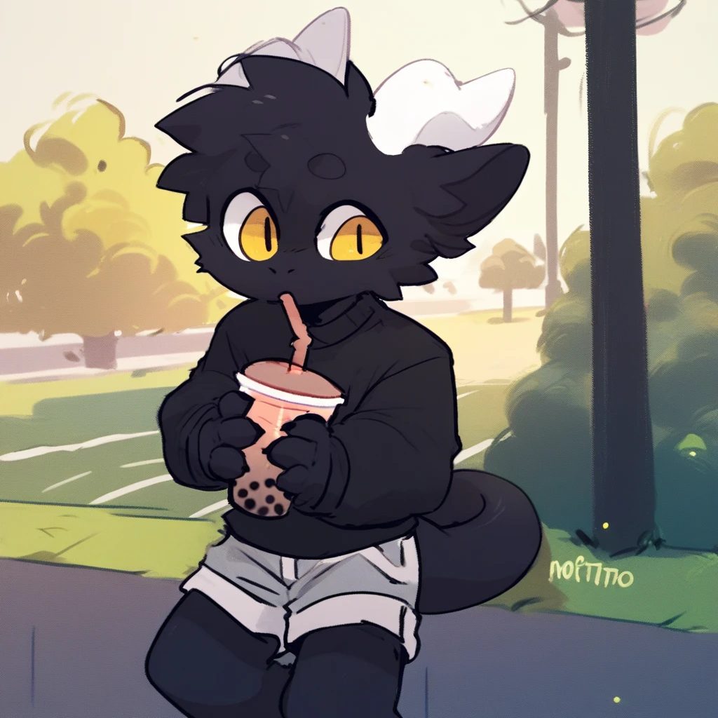 score_9_up, score_8_up, score_7_up, source_furry, mikus-CopiTheCat, black dragon, black body, white horns, yellow eyes, park, holding, bubble tea, black sweater, gray shorts, 1boy, solo