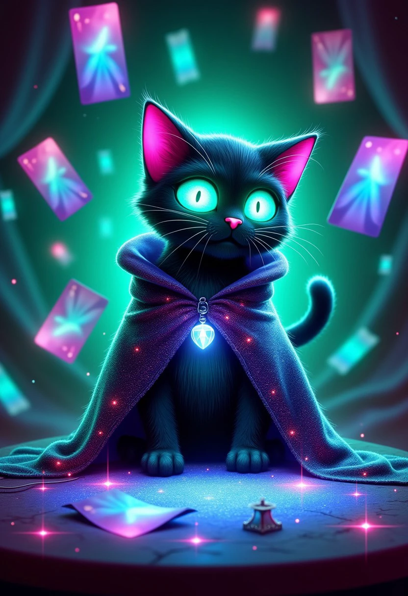 EnchantedAurora, a mystical black cat with glowing, oversized eyes and a sparkling cloak sits at a magical table, casting cards into the air that light up with aurora hues.