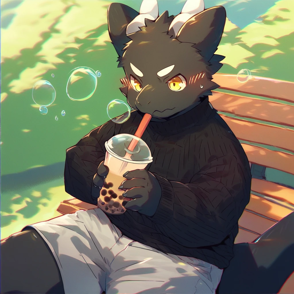 score_9_up, score_8_up, score_7_up, source_furry, mikus-M0fuch4, black dragon, black body, white horns, yellow eyes, park, holding, bubble tea, black sweater, gray shorts, 1boy, solo