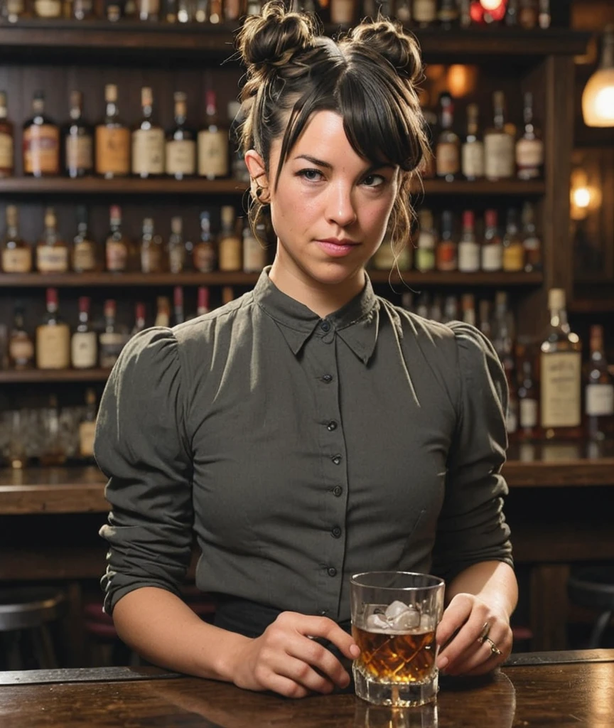 a professional absurdres sharp focus intricately detailed photograph portrait of (Amelia_Warner:1.1),
double-buns hairstyle,
standing on the bar with a glass of whiskey sitting near her right hand,
 <lora:Amelia_Warner-SDXLe10:0.8> ,