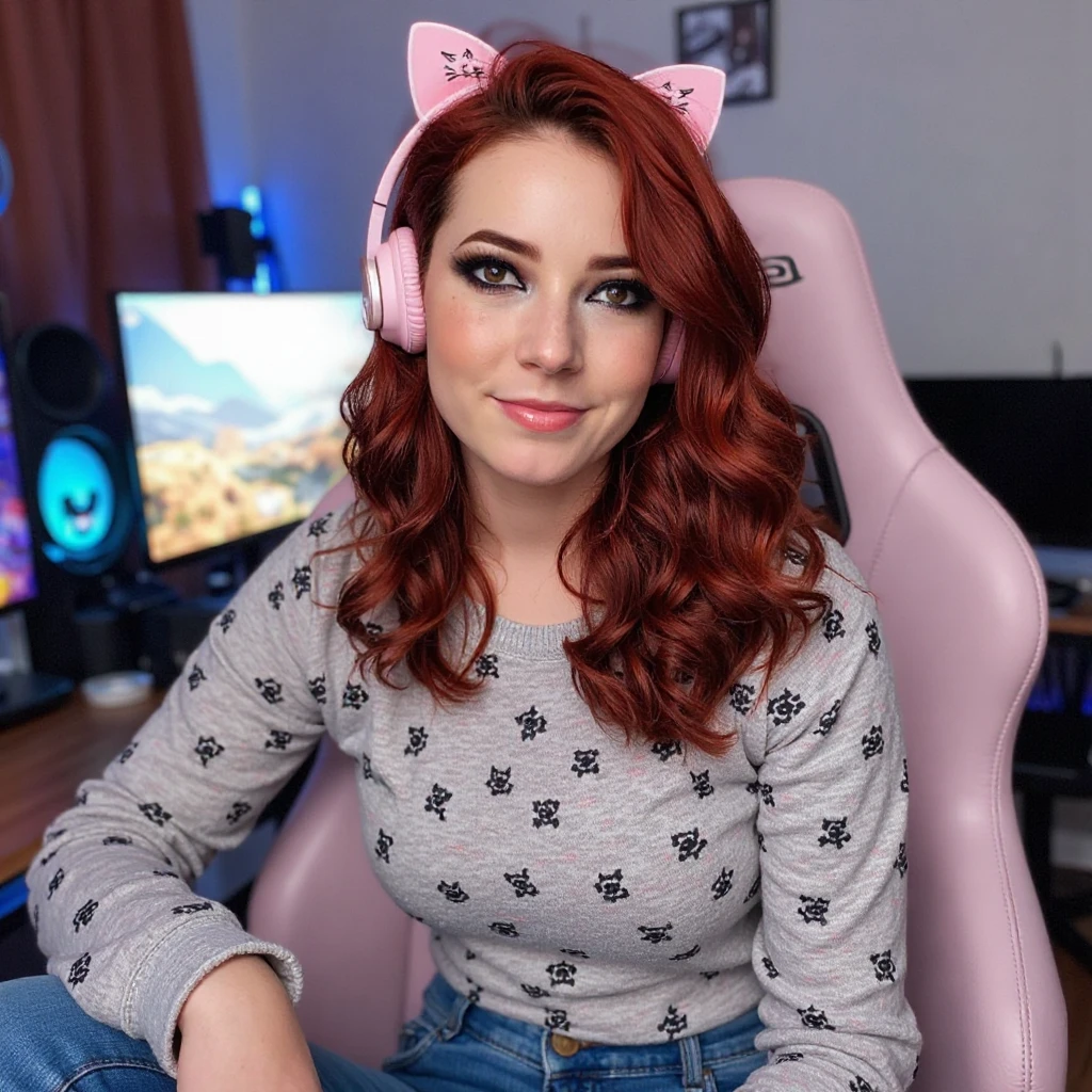 A photo of a woman with red hair. The photo includes her entire body. She is wearing pink lipstick. She has bold black eyeliner. She has smoky eyeshadow. She has a slight grin. She is looking directly into the camera. She has a natural skin texture. The skin is very detailed including skin pores. She has black nail polish. 
She is sitting in a gaming chair. She is lit by blue ambient lighting. She is wearing a sweater with polka dots. The sweater goes up to her neck. She is wearing blue jeans. She is wearing pink headphones that have pink cat ears on them.