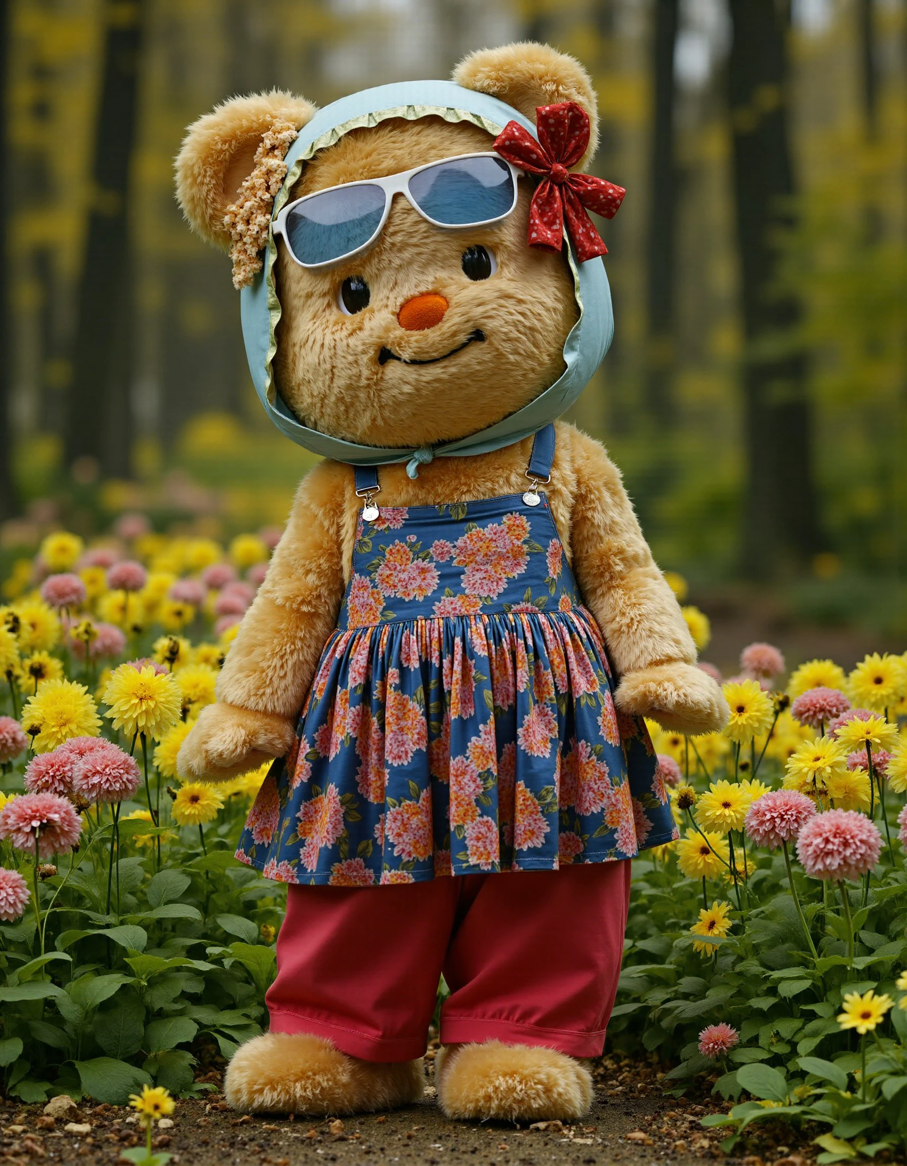 <lora:ButterbearV1:2>, (((butterbearv1))), (((teddy bear))), Floral shirt, red pants, forest background, flowers, happiness, beautiful light, realistic image, high quality.