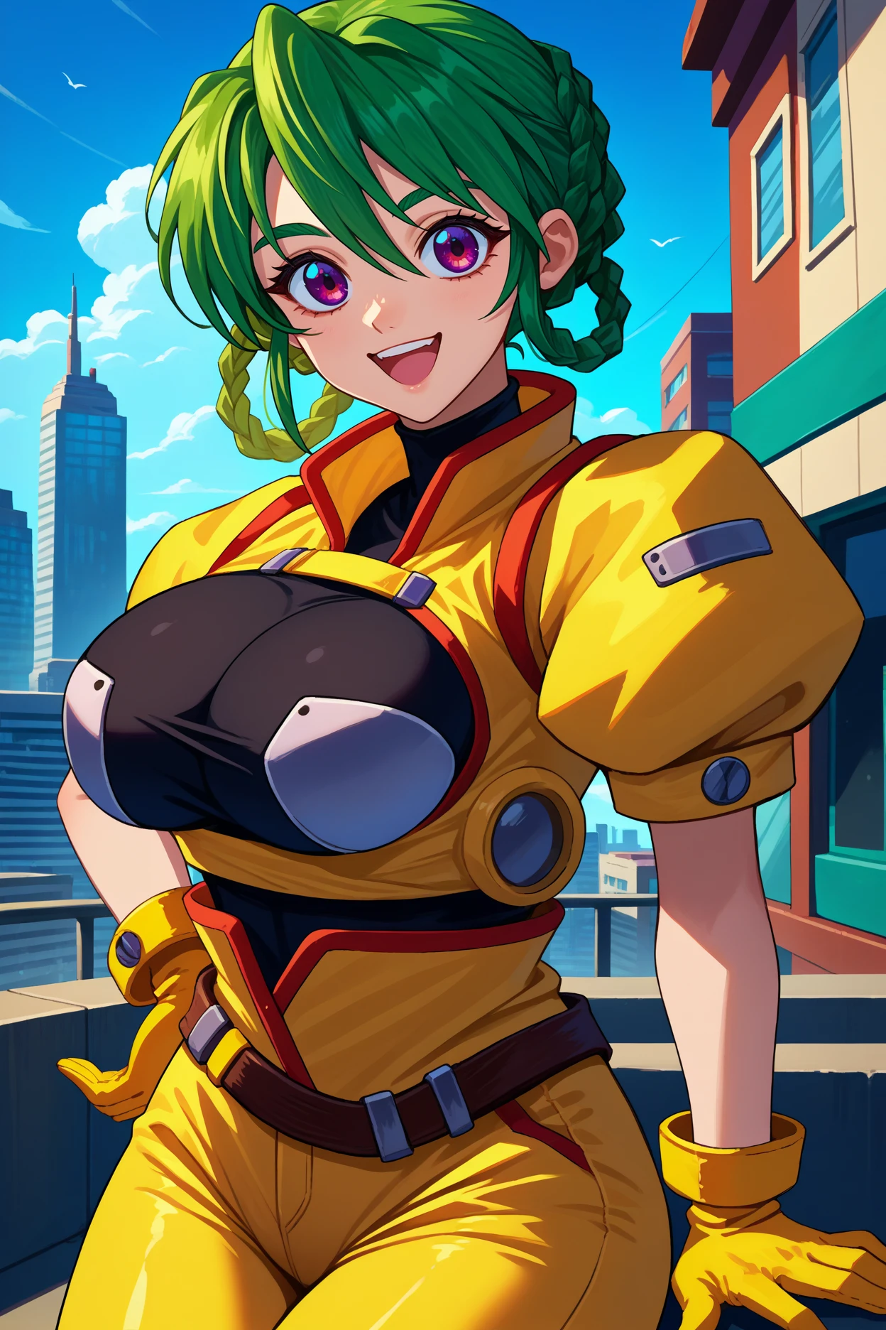 score_9, score_8_up, score_7_up, score_6_up, source_anime, 1girl, solo, <lora:minalikering-pdxl-nvwls-v1-000005:1> srtMna, green hair, short hair, purple eyes, braid, hair rings, yellow bodysuit, short sleeves, yellow gloves, yellow pants, big breasts, looking at you, blue sky, happy, city, blue sky, clouds, upper body