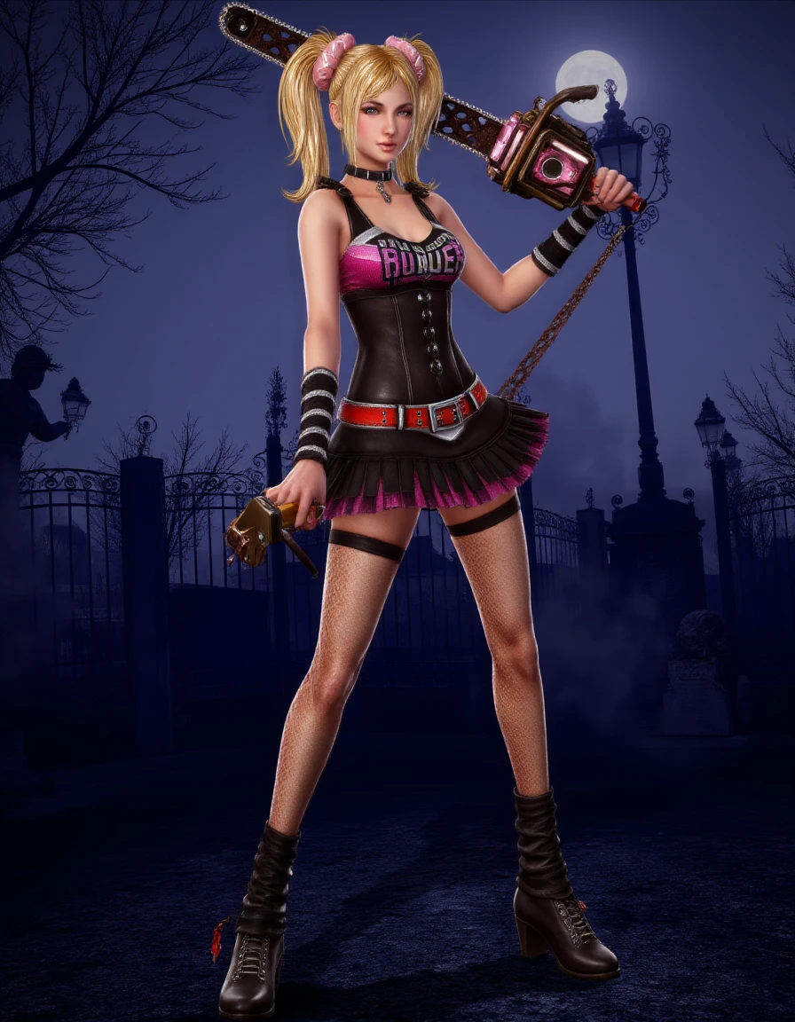 A vibrant digital illustration captures a full-body shot of Juliet Starling. Her expression is fierce, with a determined gaze, as she wields a chainsaw. Juliet is dressed in a striking goth outfit, featuring a black corset with intricate lace detailing, paired with a flowing, layered skirt adorned with silver chains and studs. She wears fishnet stockings and knee-high, lace-up boots with chunky heels. Her accessories include spiked bracelets, a choker with a dangling cross, and dark, dramatic makeup that highlights her bold look. The background is a dark, moonlit graveyard, with twisted trees and fog adding a mysterious and eerie atmosphere to the scene.