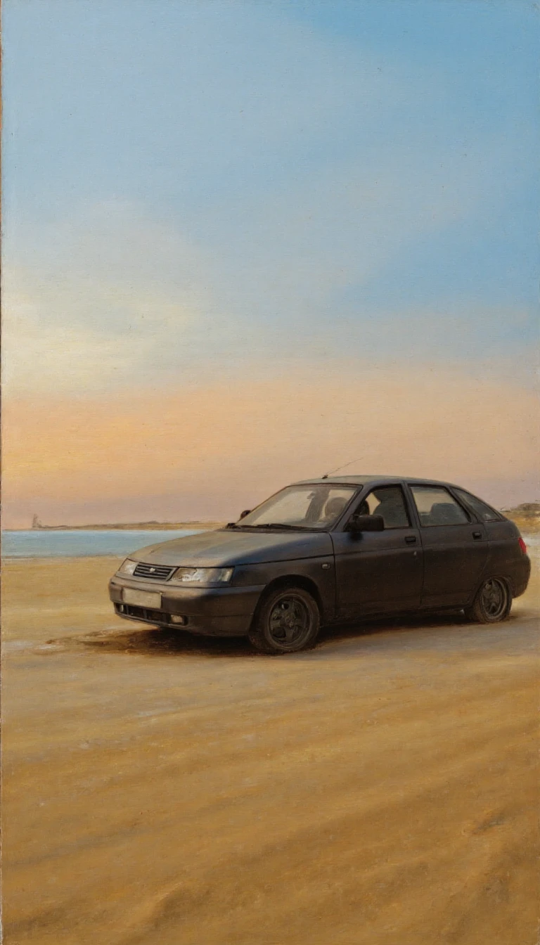 A painting by Rbns. Cinematic accident showcase shot of a turned off parked VAZ-2112 car on the sand. Santa monica beach at sunset.
<lora:VAZ2112_LORA_Flux-000001:1.5> 
 <lora:Rubens_Flux:1.2>