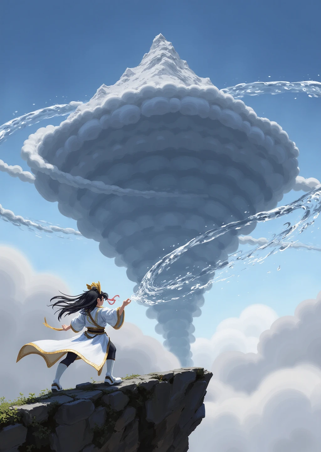 An illustration of a girl in front of a mountain's peak, she's on a cliff, she's casting winf magic, white and gold robe. Tornado, Storm, Strong Winds,