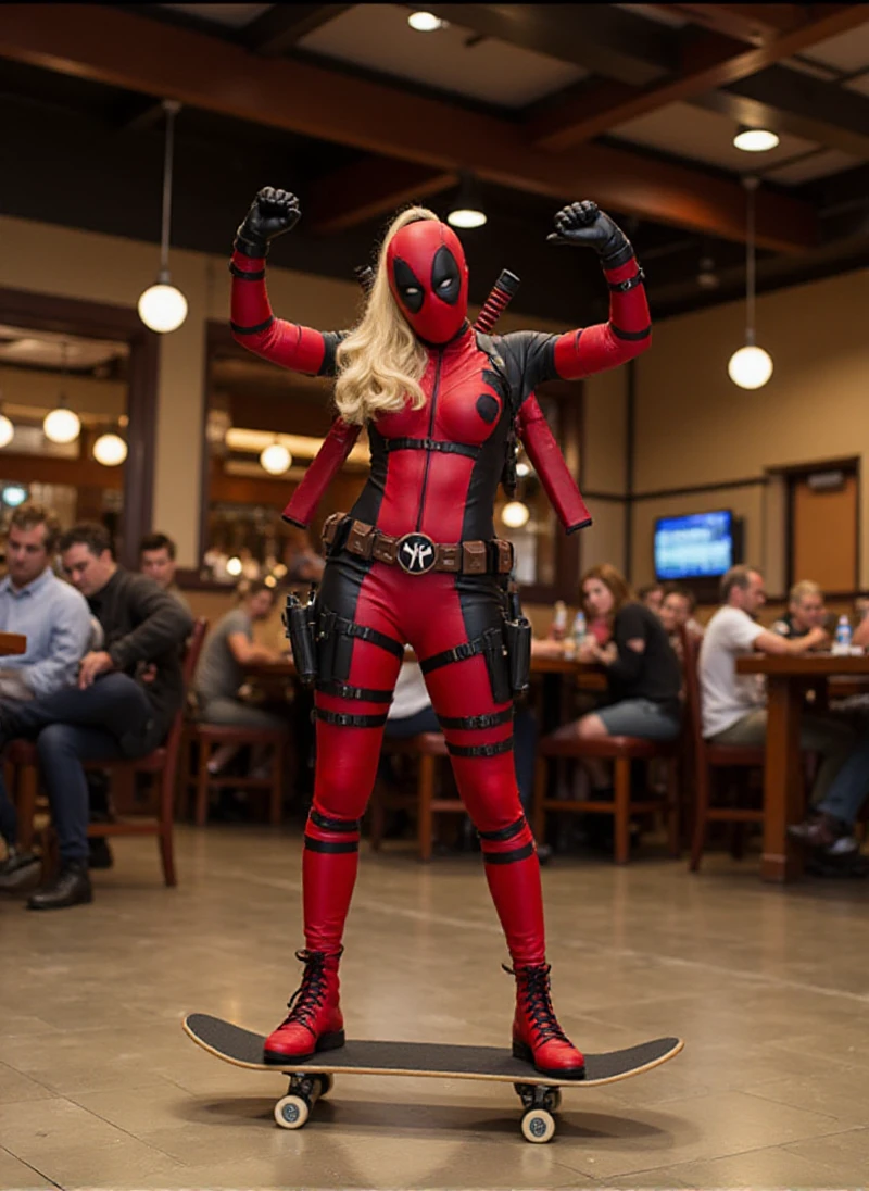 Lady Deadpool  with a blond ponytail is skateboarding in the middle of a restaurant <lora:LadyDeadpool:0.9>