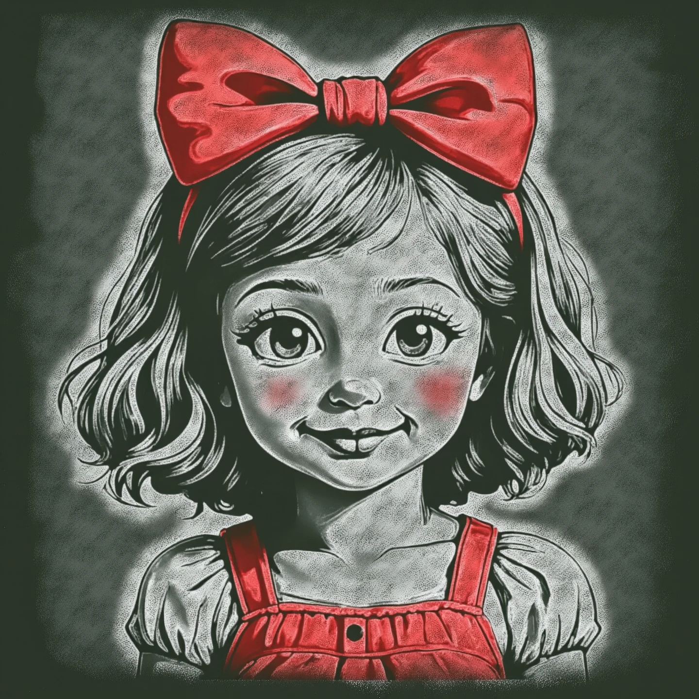 A cute monochrome cartoon girl. A red bow in her hair.

Chalkboard drawing.

chlkbrdCE style