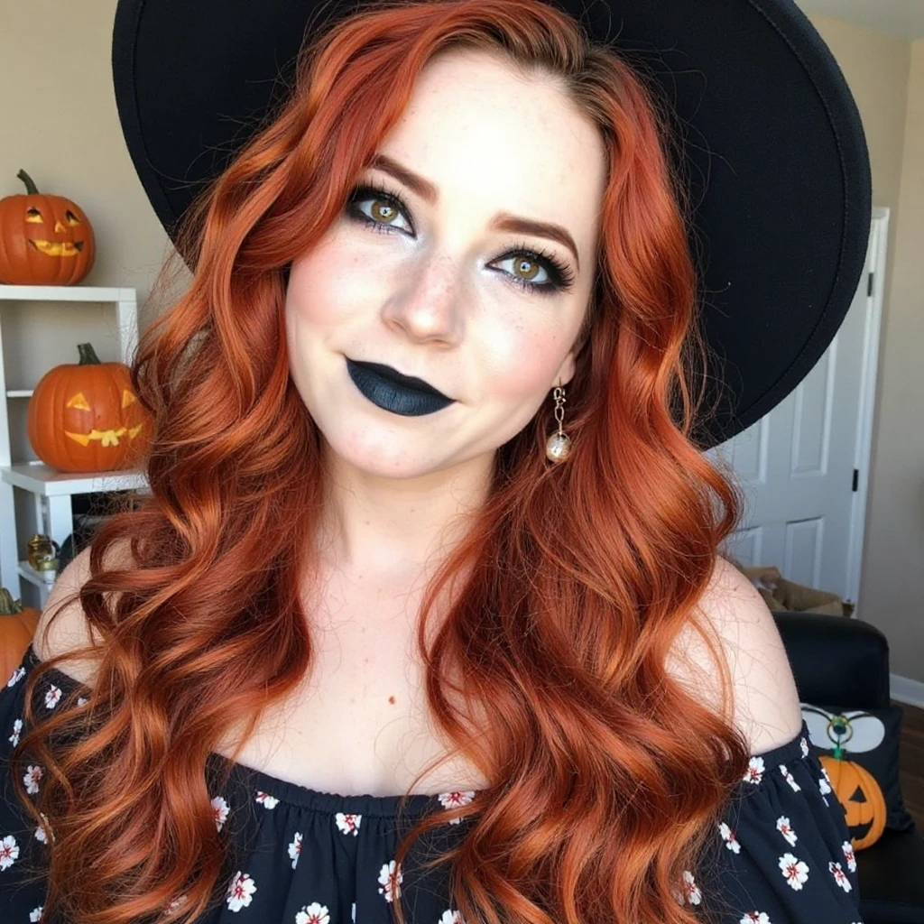 A photo of a woman with red hair. The photo includes her entire body. She is wearing black lipstick. She has bold black eyeliner. She has smoky eyeshadow. She has a slight grin. She is looking directly into the camera. She has a natural skin texture. The skin is very detailed including skin pores. She has black nail polish. 
She is wearing a black witch's hat. the background is slightly blurry, but you can make out pumpkin carvings in the background. She is in halloween themed room. 