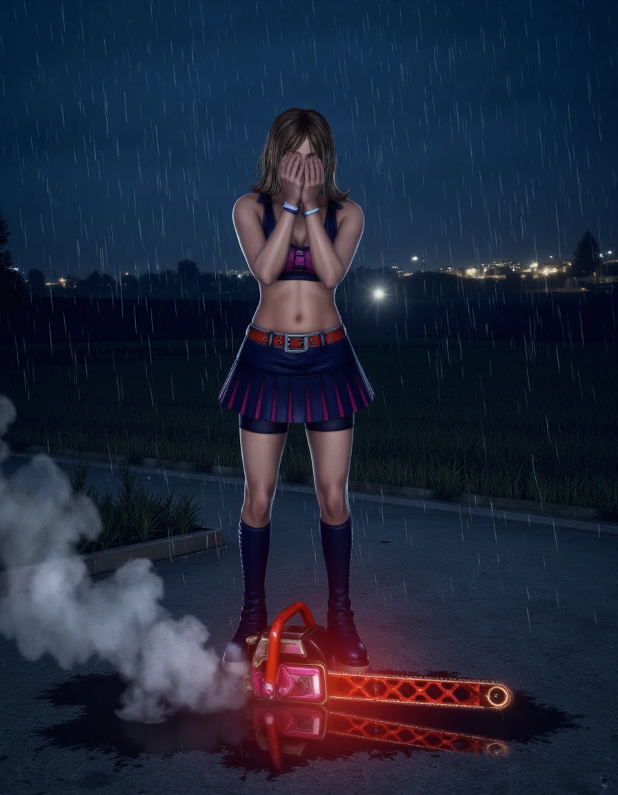 Juliet Starling standing in the rain, her head bowed down. She is crying and (covering her face with hands). Chainsaw's chains are glowing red hot from the heat lies in a puddle at her feet producing smoke. It’s nighttim. Distant city faintly illuminating the background. The overall atmosphere is somber and melancholic.