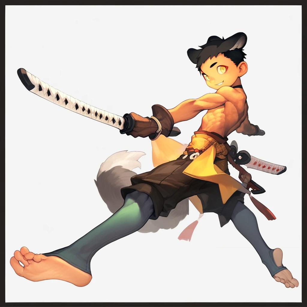 "8k, score_9, score_8_up, score_7_up, portrait, masterpiece,  blurry background, 1boy, male, male focus, big feet, weapon, animal ears, white background, tail, sword, simple background, black hair, sheath, yellow eyes, smile, bird, gloves, sheathed, jewelry, barefeet, soles, cute face, fantady clothes, topless, muscular, defined body standing up, Dynamic pose, looking at viewer, intense look, accessories, smile, black outline, thick outline, Draugnut, draugnut style, style, , SOLO, partially naked, convenient censorship, spread legs, perfect round ass, smooth ass, dick slip"