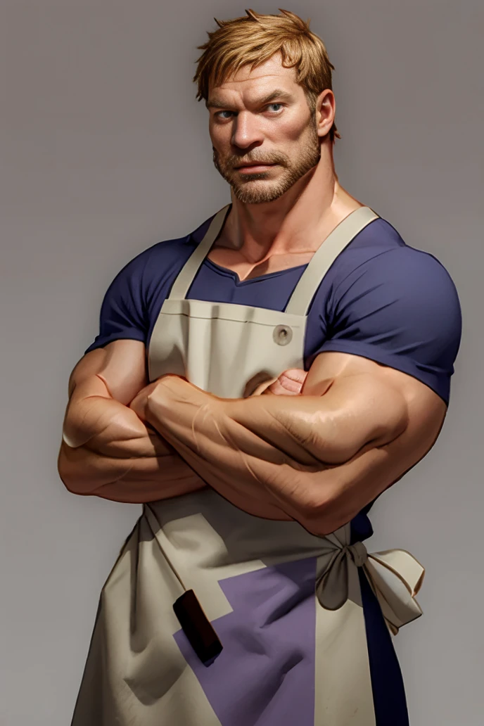 (RAW photo), absurdres, (mature male:1.2), <lora:HourouButcher:0.85>, houroubutcher, looking at viewer, muscular male, apron, blue shirt, upper body, crossed arms, simple background