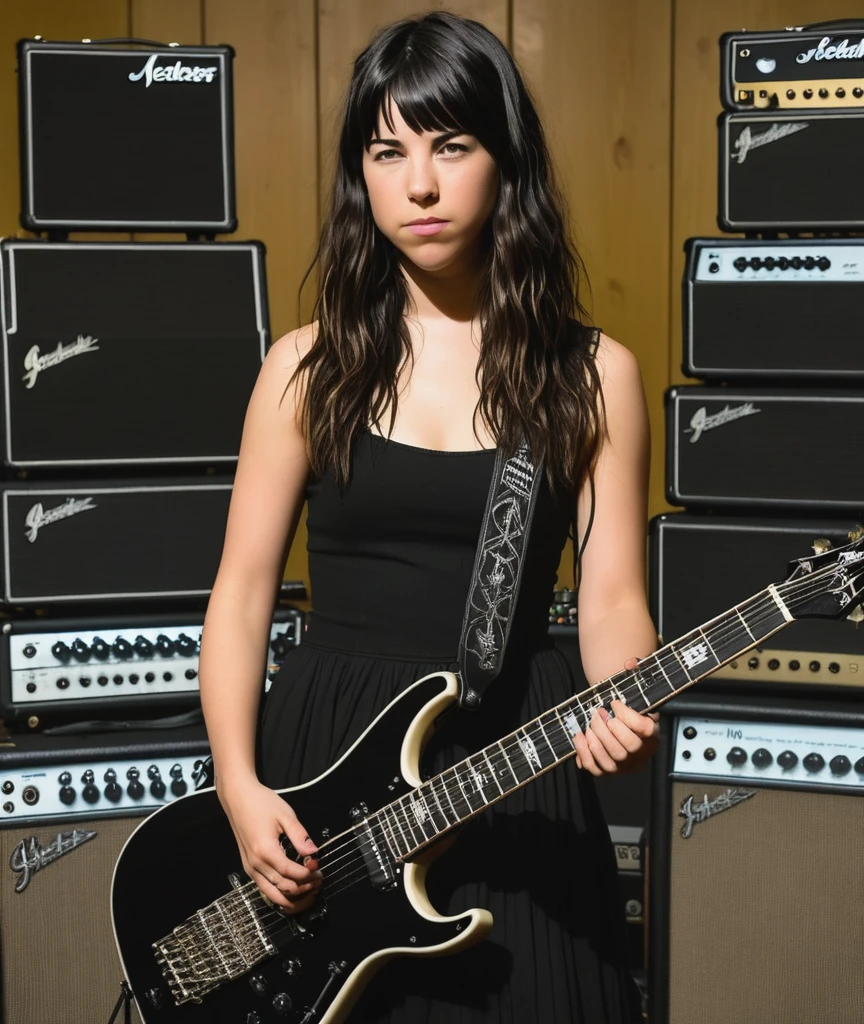 a professional absurdres sharp focus intricately detailed photograph portrait of (Amelia_Warner:1.1),
standing in front of the amplifiers at a performance of "This Godless Endeavor" by Nevermore holding a Schecter JL7 Jeff Loomis custom 7-string guitar,
 <lora:Amelia_Warner-SDXLe10:0.8> ,