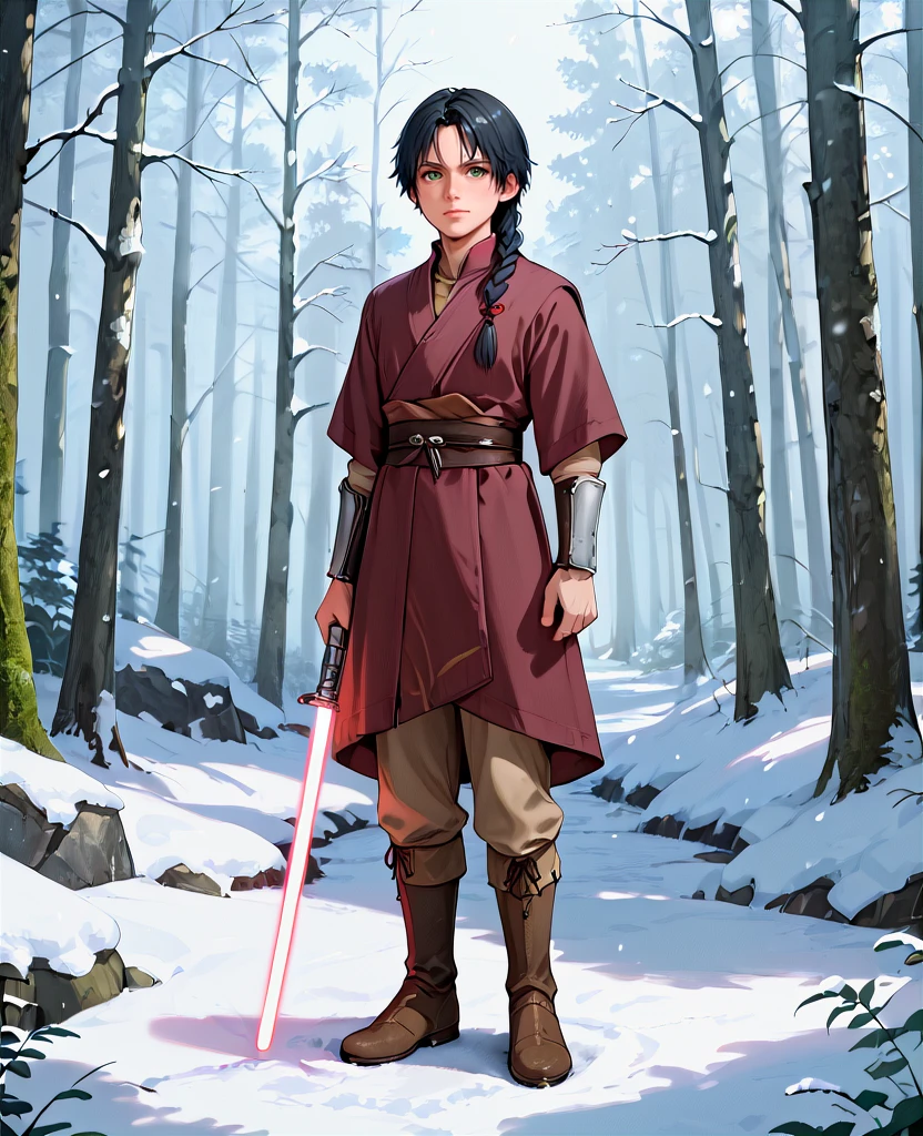 (score_9, score_8_up, score_7_up, score_6_up,) young 21-year-old male jedi knight wearing a set of rune inscribed decorated tunic and outer robes with trousers tucked into knee high boots, black hair, green eyes, fair skin, peach fuzz on chin, star wars, lightsaber, laser sword, long sword  <lora:Jedi_Youngling_Attire:.5> forest, scenery, snowing, winter, armor, braid