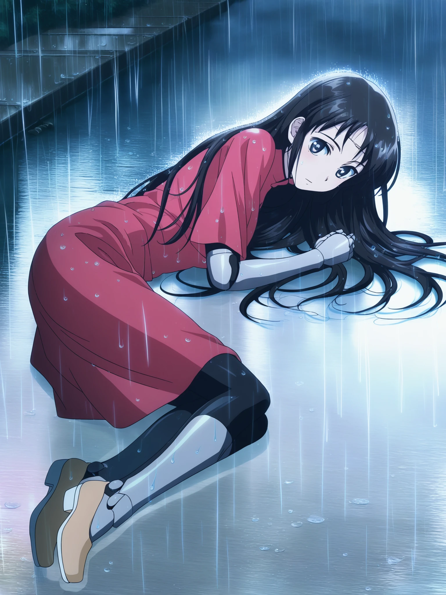 score_9, source_anime, masterpiece, best quality, (white background:1.3), <lora:Mina_PDXLv0.1:0.8> mina, long hair, red dress, shoes, full body, solo, on side, rain, outdoors, tan footwear, detailed, beautiful