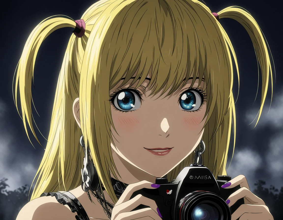 1girl, portrait of Misa Amane, (Misa Amane:1.6), death note, Modern Anime, adult female, From Death Note anime, best quality, 8K, DSLR quality, Bloom Lighting, Good Face, Beautiful Face, Slim, highly detailed,  glow, extreme details, fog, smoke, blond hair, happy, smile, perfect eyes, <lora:perfect-eyes:1>, perfecteyes, eyes reflection, detailed eyes, upper body, hdr quality, full of color, smoke, cinematic, night, moon light, 2010s, windy, hair swaying in wind, purple nail polish, nigh time, blue eyes, grainy, chromatic aberration, dark blue atmosphere, black night, adult woman, Depth of field effect, uwu, cute, blush, perfecteyes, eyes reflection, detailed eyes, upper body, shy smile, hdr quality, hands doing cute pose, full of color, smoke, cinematic, <lora:misa_amane-step00000862:1>