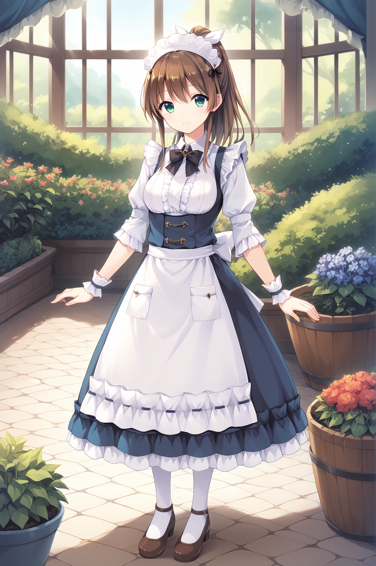 score_9, score_8_up, score_7_up, score_6_up, score_5_up, score_4_up,anime source,
 misaki,1girl,ponytail,hair ribbon,brown hair,green eyes,smile,
 maid(FF14), maid, frilled dress, frilled sleeves, bowtie, juliet sleeves, wrist cuffs, apron,
garden,full body, <lora:MisakiXLPony:0.8>,<lora:FF14MaidXLPony:1>