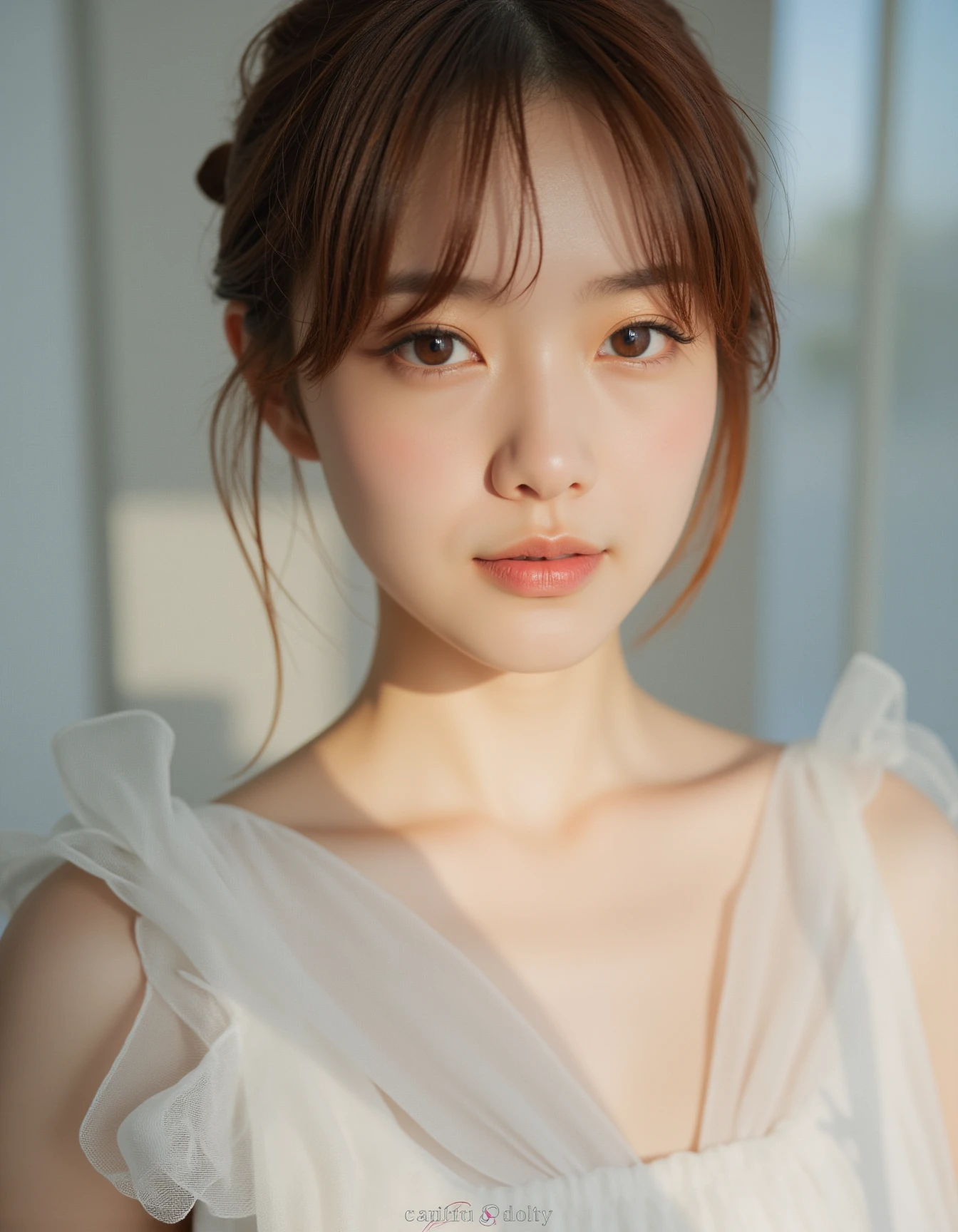 best quality, masterpiece, raw photo of a female in white dress, close up face, brown hair, fashion accessories, looking at viewer, indoor, day time, professional photo, high contrast exposure, soft bokeh, high key light, hard shadow, soft bokeh, simple background, white background,