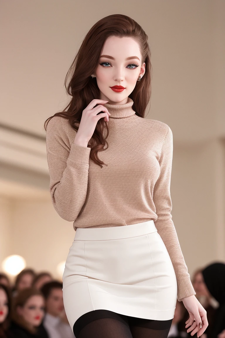 <lora:danielleriley-06:0.6>,,danielleriley, ((red lipstick, blush, pale skin)),  ((masterpiece, best quality, extremely detailed, high resolution)), ((detailed eyes, detailed face)),((fully clothed, modest)), ,photo of a woman, skirt, thighhighs, turtleneck shirt, fashion show, modeling runway