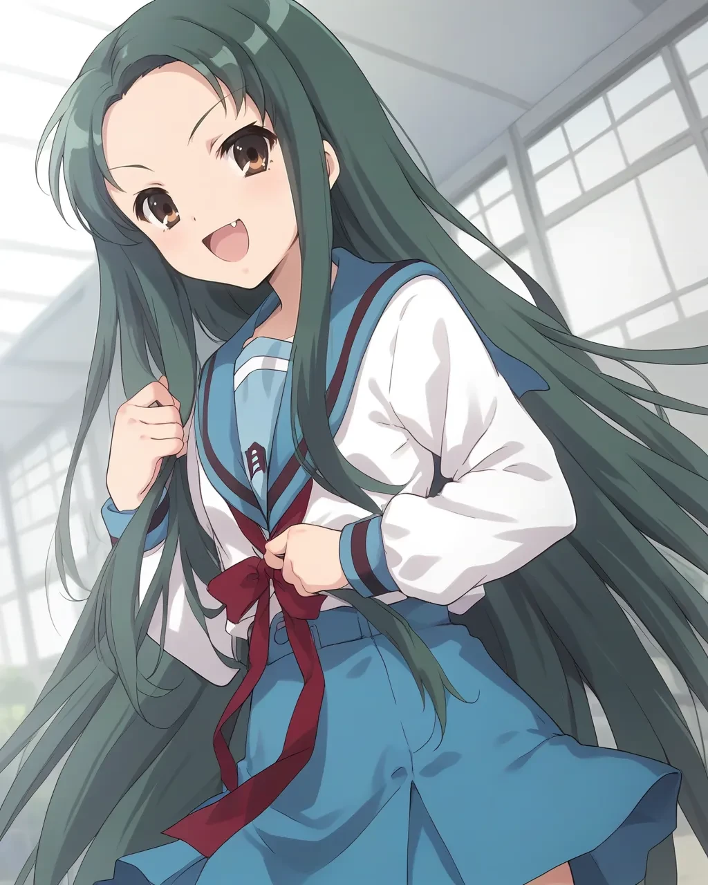 score_9,score_8_up,score_7_up,best quality, 4k, rating_safe, very aesthetic, source_anime,1girl,
<lora:Tsuruya:1>,tsuruyaAA,brown eyes,green hair,very long hair,fang,blue sailor collar,kita high school uniform,school uniform,serafuku,blue skirt,long sleeves,ribbon,
cowboy shot,looking at viewer,
dynamic angle,smile,,