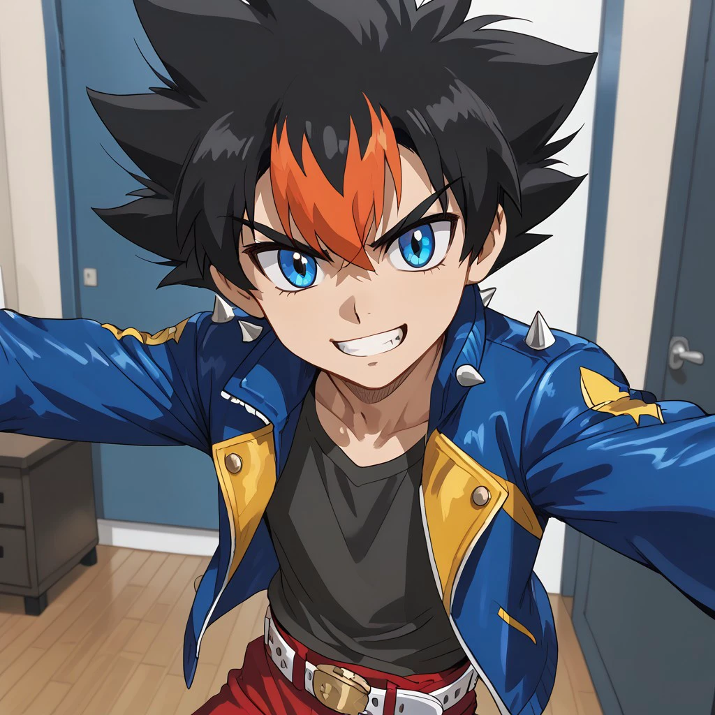 score_9, score_8, score_7, BREAK, 1boy, solo, zyro_kurogane, black hair, multicolored hair, spiked hair, blue eyes, jacket, belt, fingerless gloves, selfie