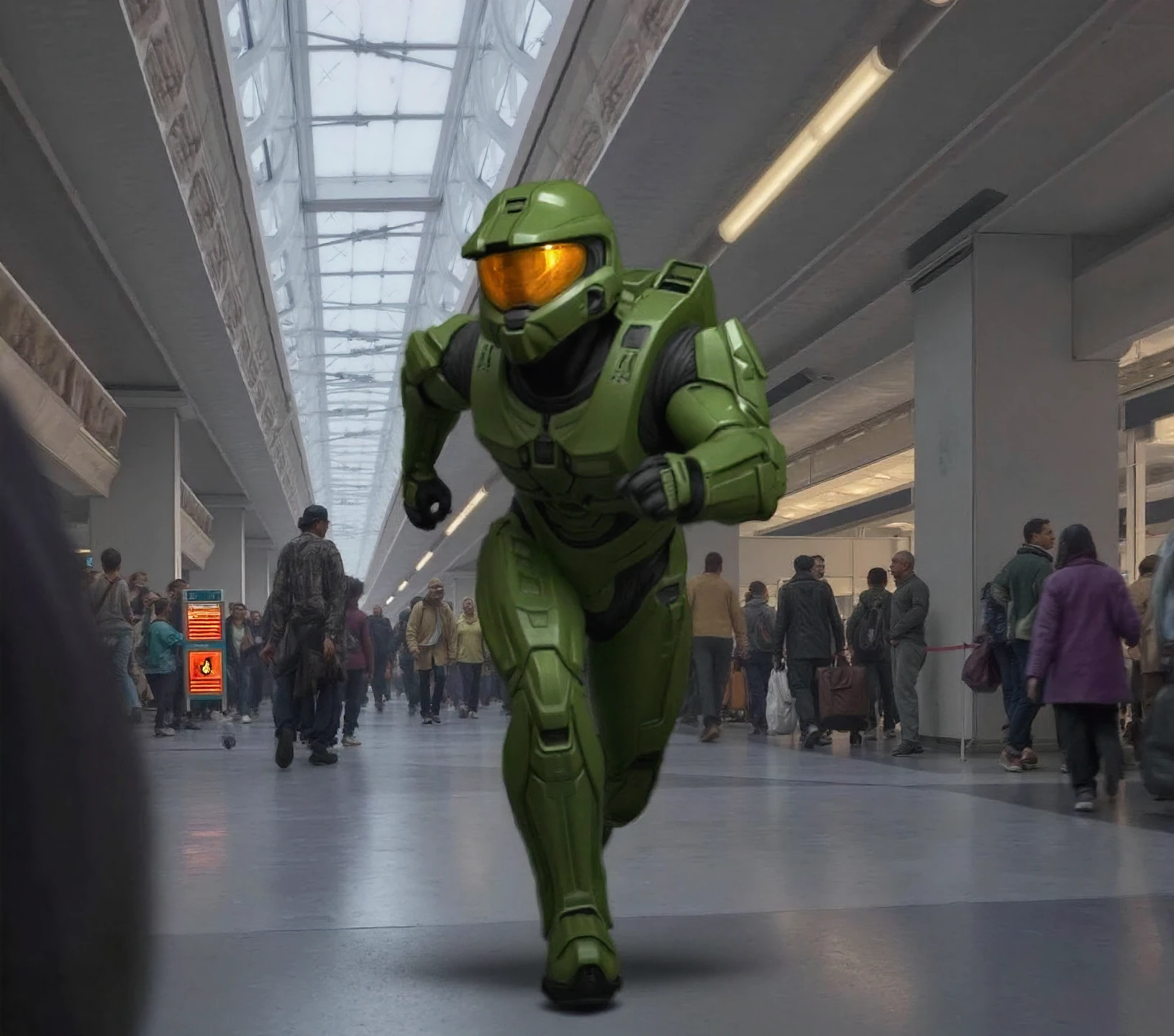 Award winning, masterpiece, High detail, Master Chief from Halo, futuristic soldier, green armor, helmet with visor, sprinting down the corridor, racing against time, amidst chaotic crowds, suitcases, travelers rushing to departures, arrivals boards flashing updates. Realistic, detailed, high-resolution, candid, lifelike,