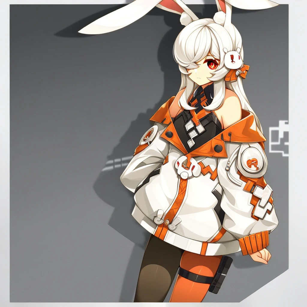 k1ra-ft, 1girl, animal ears, rabbit ears, red eyes, hair over one eye, long hair, jacket, white hair, off shoulder, pantyhose, thigh strap, bangs, white jacket, closed mouth, hair ornament, rabbit girl, bare shoulders