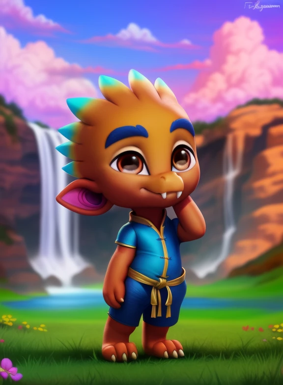 <lora:SpikeGongSupMonYif:1.1> SpikeGongSupMon, dragon, blue eyebrows, fangs, orange skin,  blue tips of scales on the head,( little ears), yellow claws, brown eyes, light blue shirt, blue belt, dark blue shorts, chibi,
Looks at the viewer,   day, [  solo, nature, day, clouds, waterfall, flover]  
(beautiful, aesthetic, perfect, delicate, intricate, saturated colors), masterpiece, digital drawing, best quality,
by ulitochka, by taran fiddler, by Silverfox5213, by personalami,